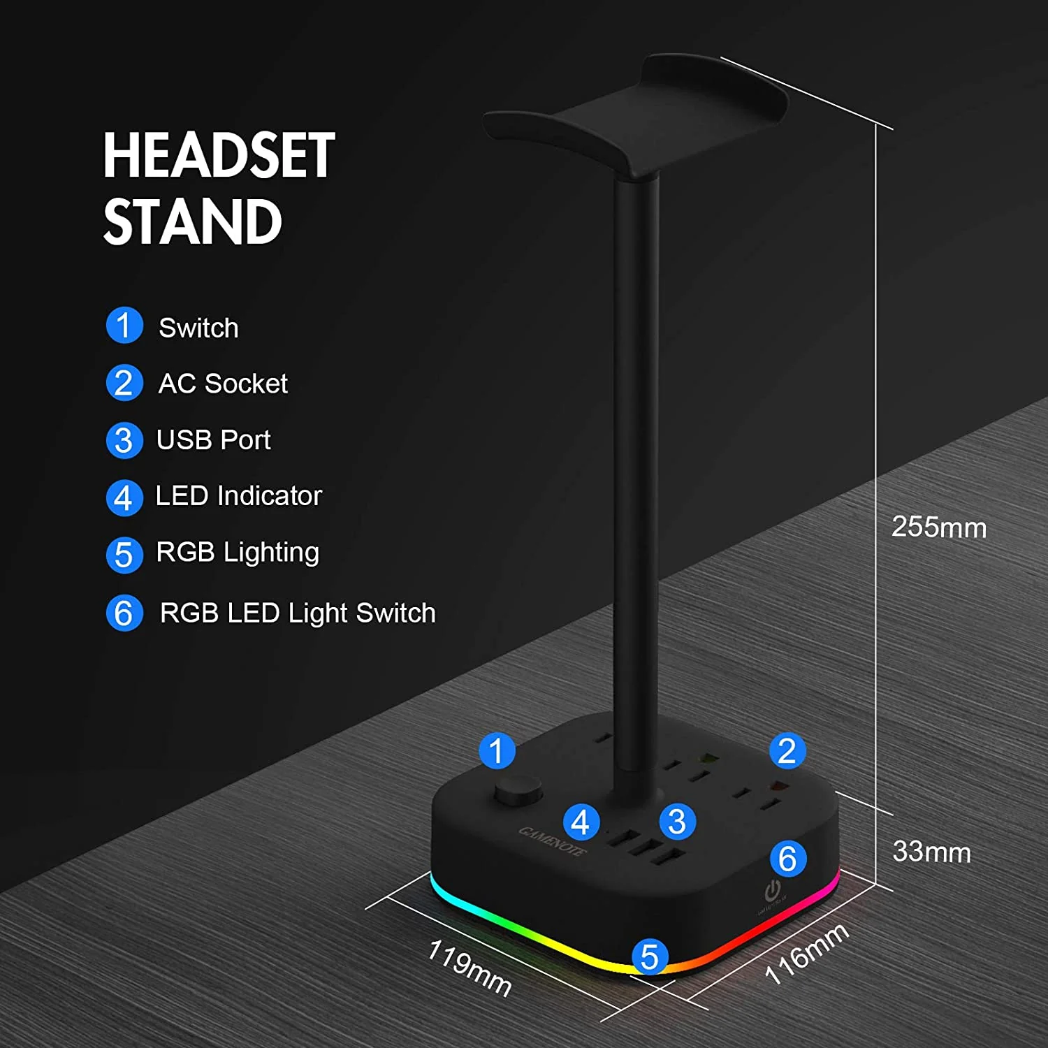HAVIT DPM05 RGB Headset Stand with 3 USB Charging Ports & 3 Power Outlets 【US Only】 - Image 7