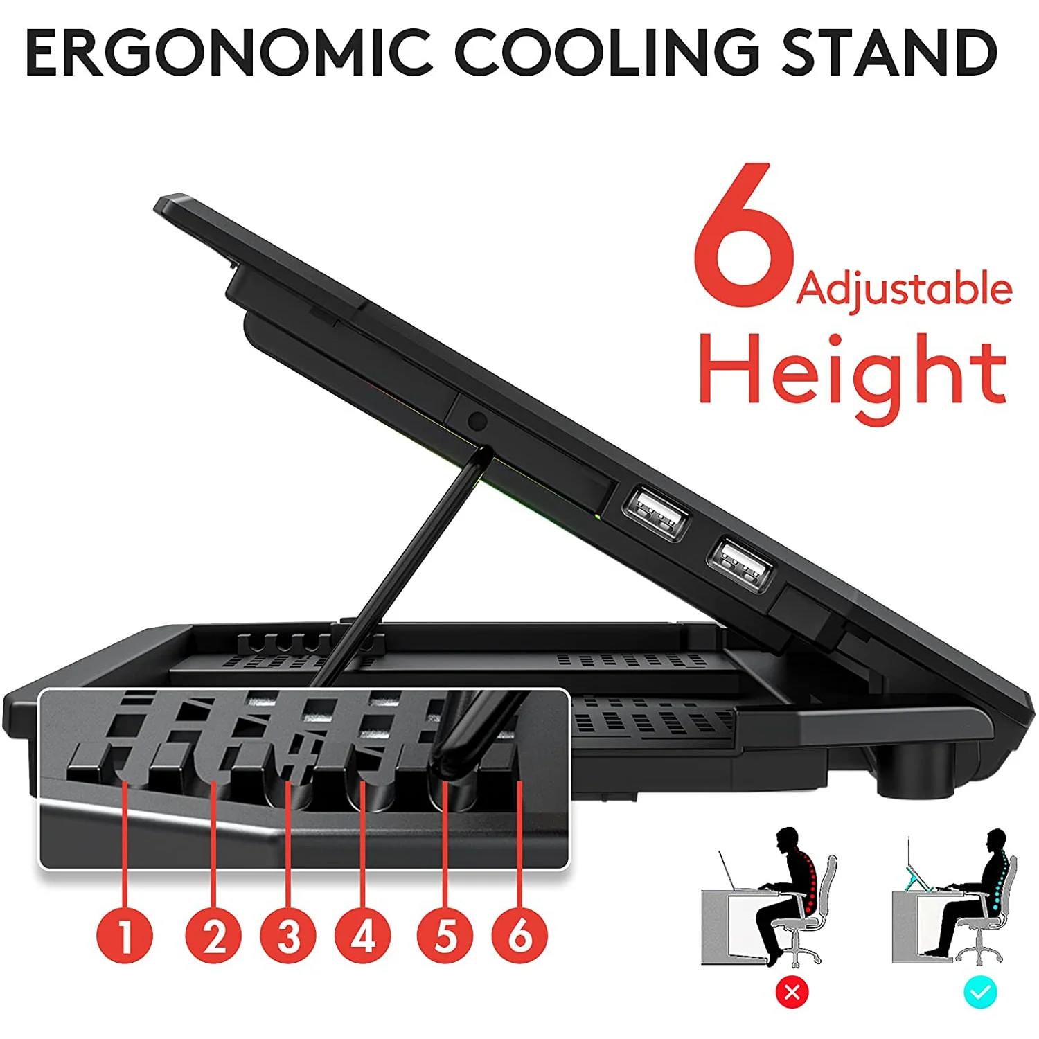 HAVIT G90 RGB Laptop Cooling Pad for 13-17.3 Inch Laptop with Phone Stand & 6 Height Adjustable Cooling Stand - Image 3