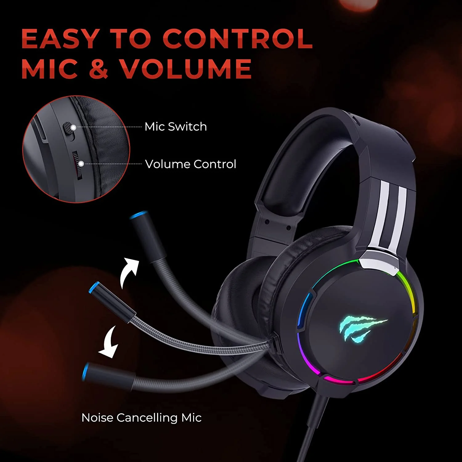 HAVIT H2010D RGB Wired Gaming Headset with Volume Control & HD Microphone - Image 3
