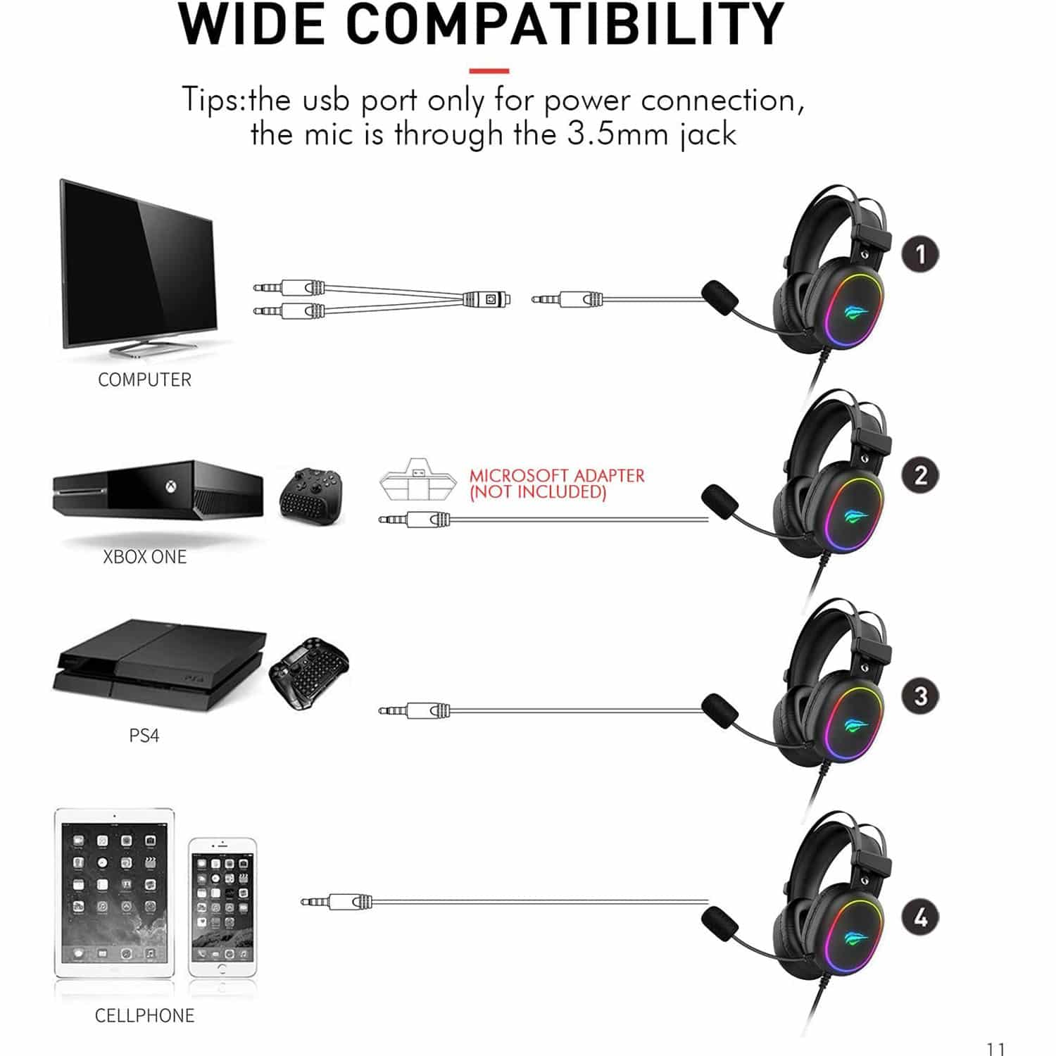 HAVIT H2016D RGB Wired Gaming Headset with Microphone Stereo Surround Sound - Image 7