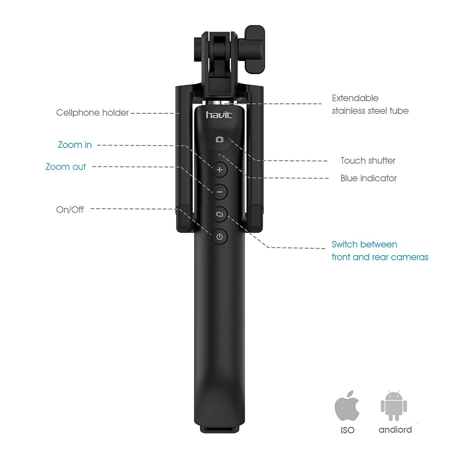 HAVIT HV-BTM27 Bluetooth Remote Shutter Selfie Stick - Image 2