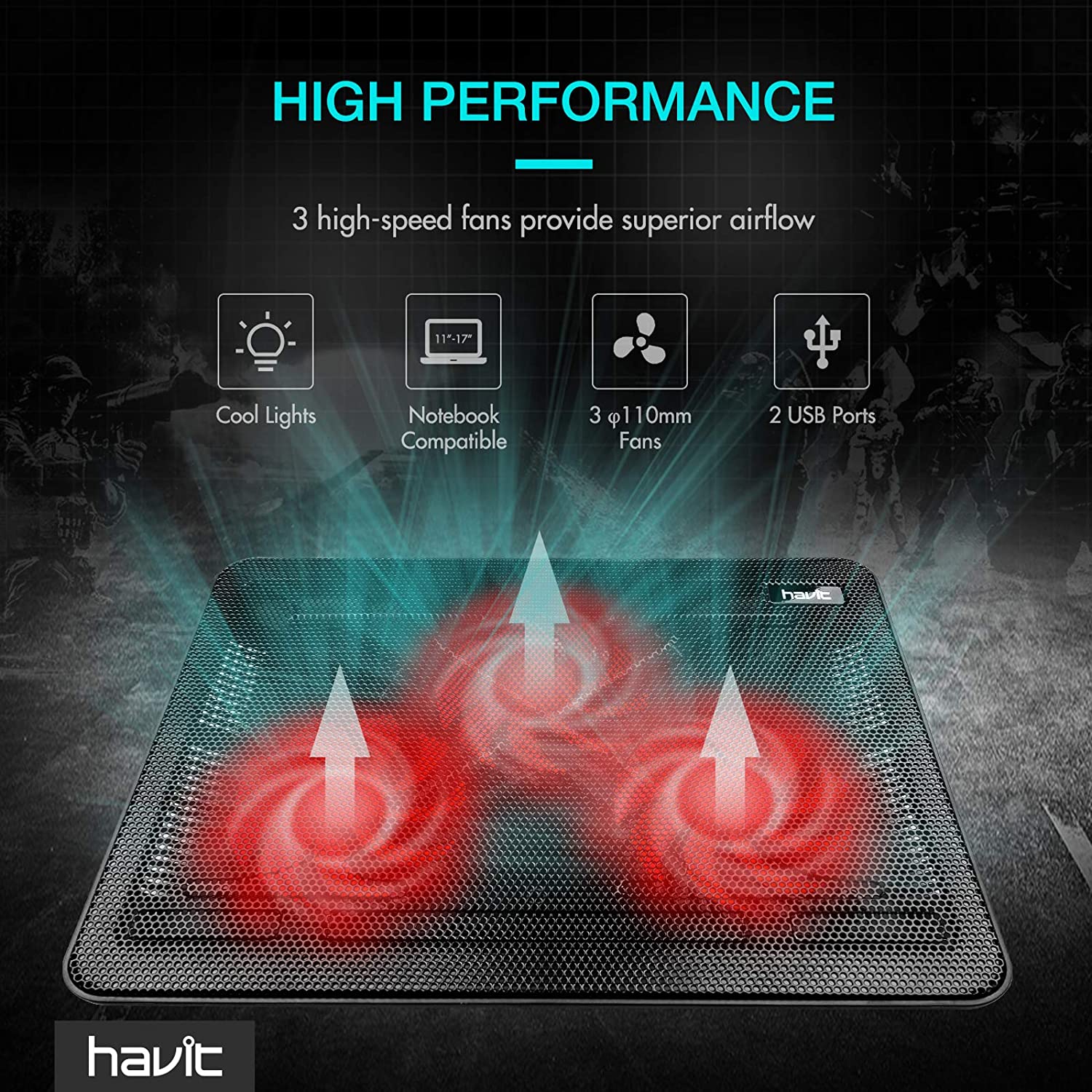 HAVIT HV-F2056 15.6"-17" Laptop Cooler Cooling Pad - Portable USB Powered (3 Fans) - Image 18