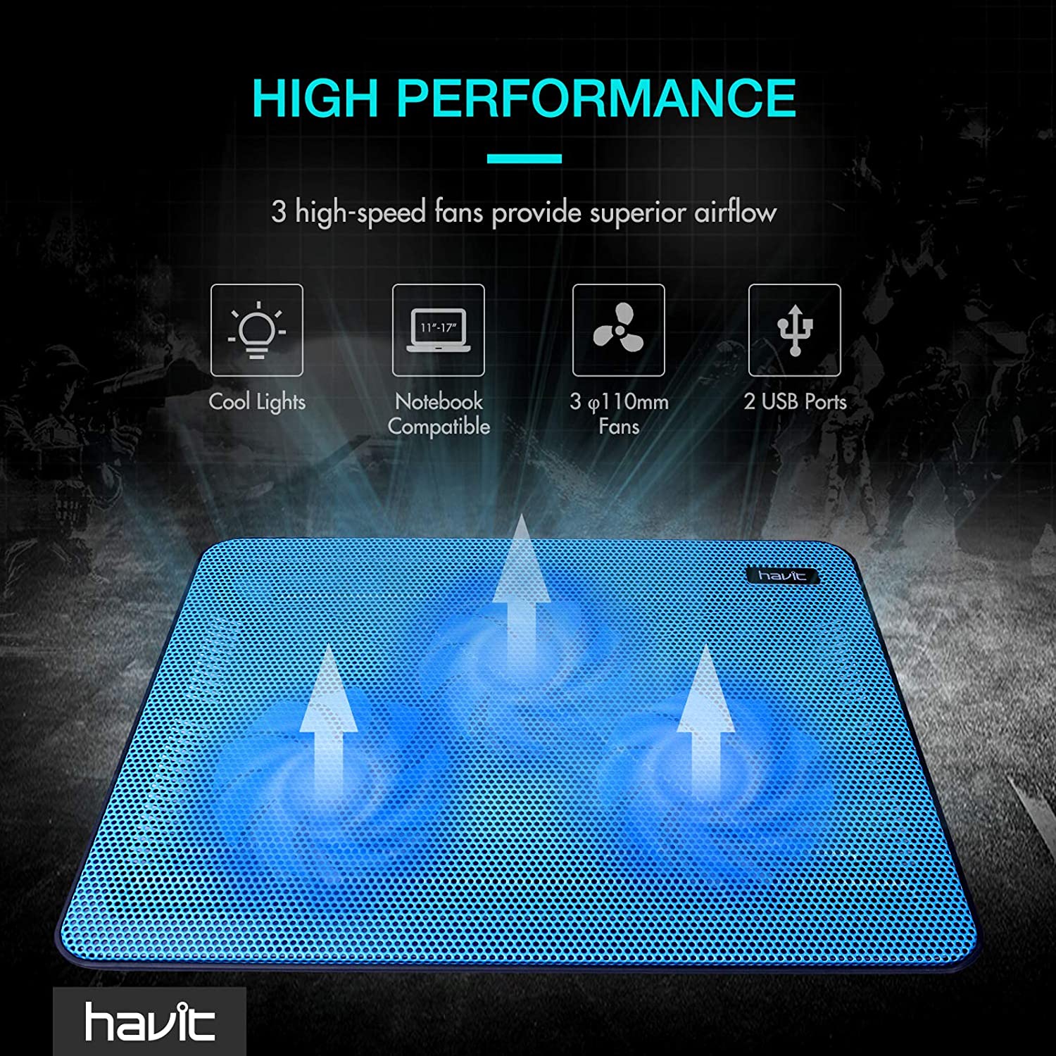 HAVIT HV-F2056 15.6"-17" Laptop Cooler Cooling Pad - Portable USB Powered (3 Fans) - Image 22