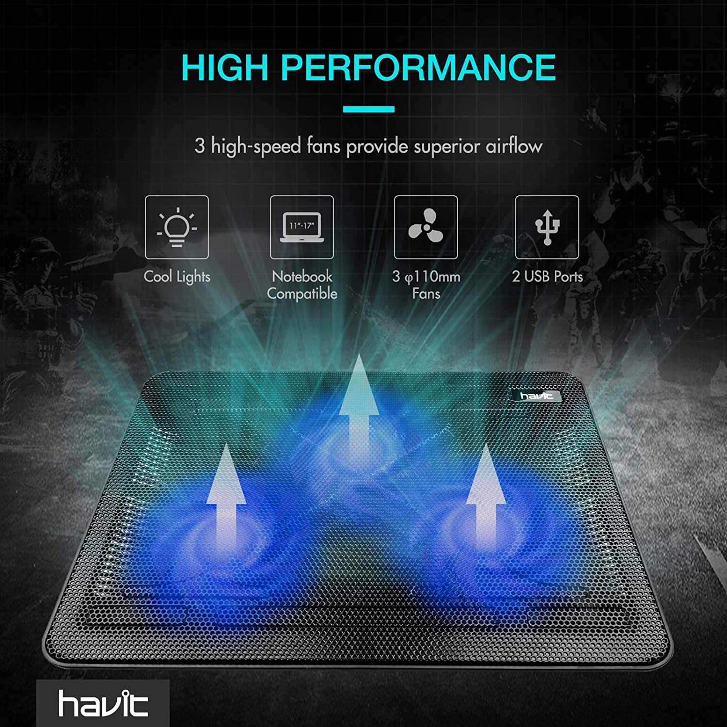 HAVIT HV-F2056 15.6"-17" Laptop Cooler Cooling Pad - Portable USB Powered (3 Fans) - Image 7