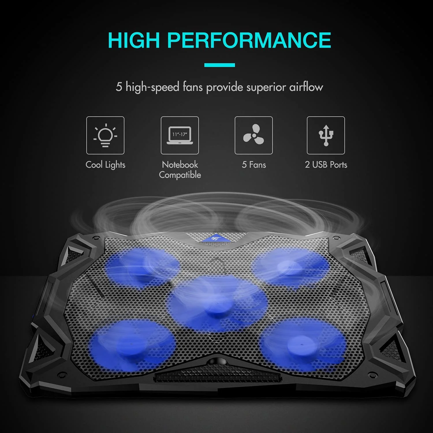 HAVIT HV-F2068 5-Fan Laptop Cooler for 14-17 Inch Laptops - Image 2