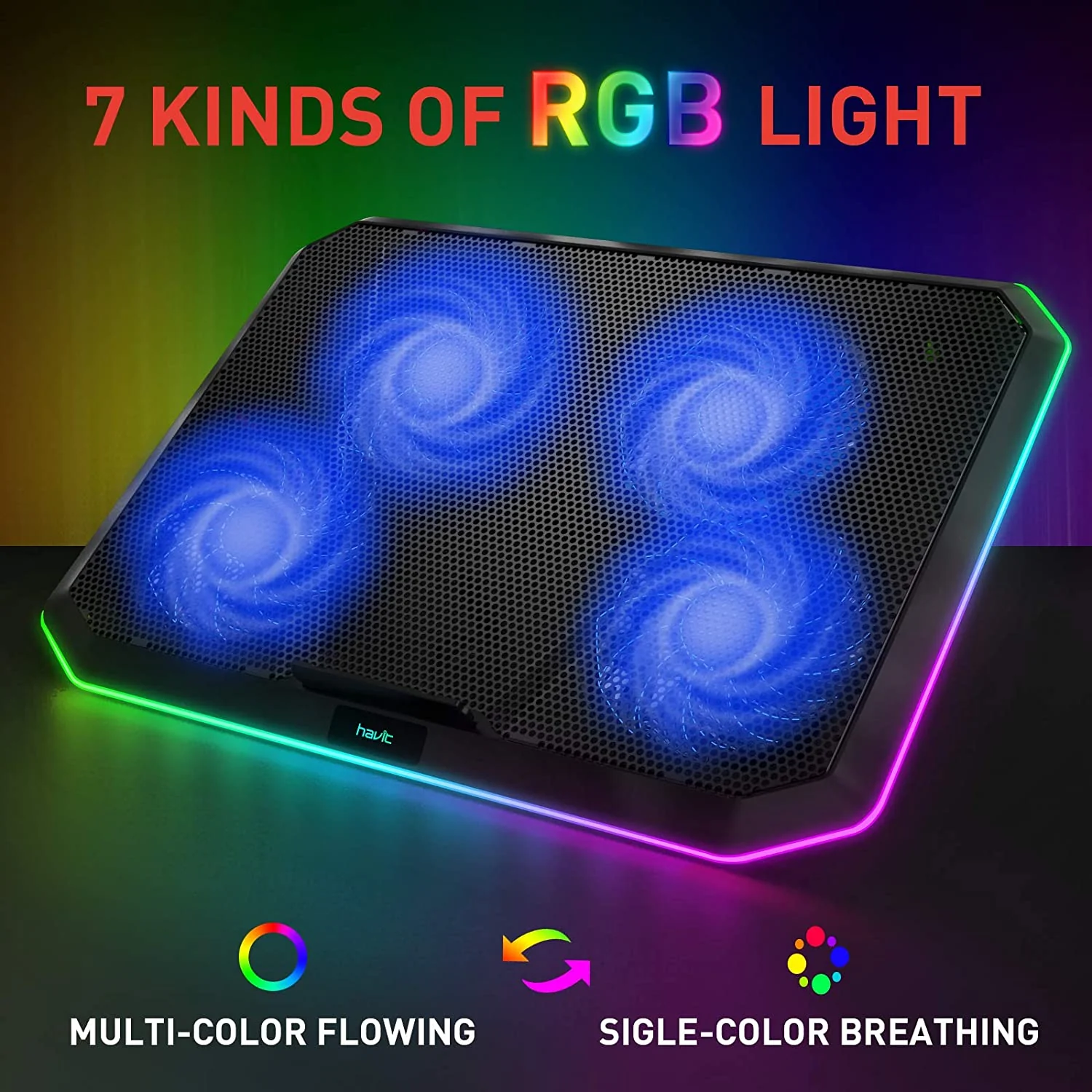 HAVIT HV-F2076 Gaming Laptop Cooling Pad for 12-17 Inch Laptop with 4 Quiet Fans & RGB Backlight - Image 2