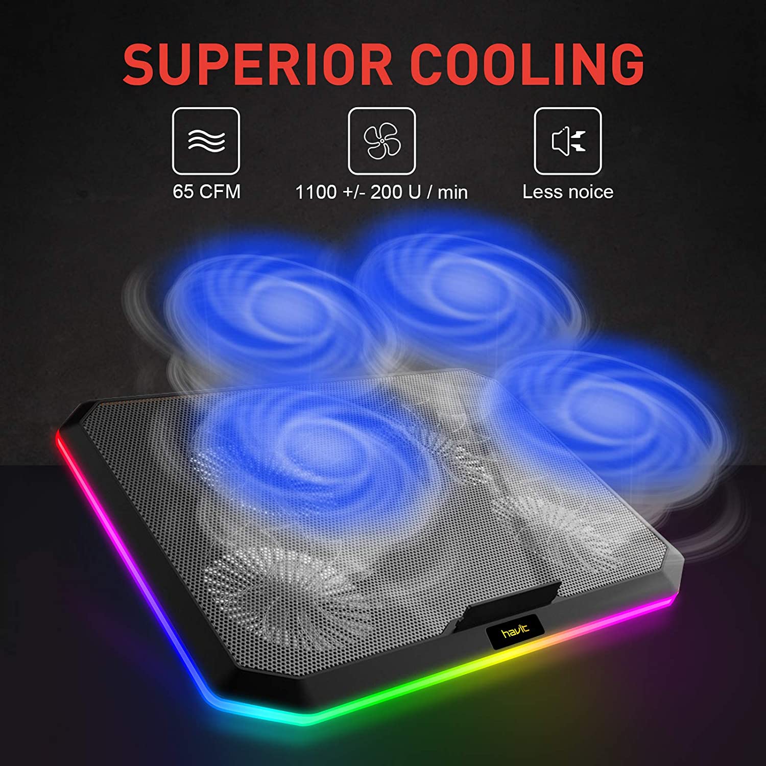 HAVIT HV-F2076 Gaming Laptop Cooling Pad for 12-17 Inch Laptop with 4 Quiet Fans & RGB Backlight - Image 4