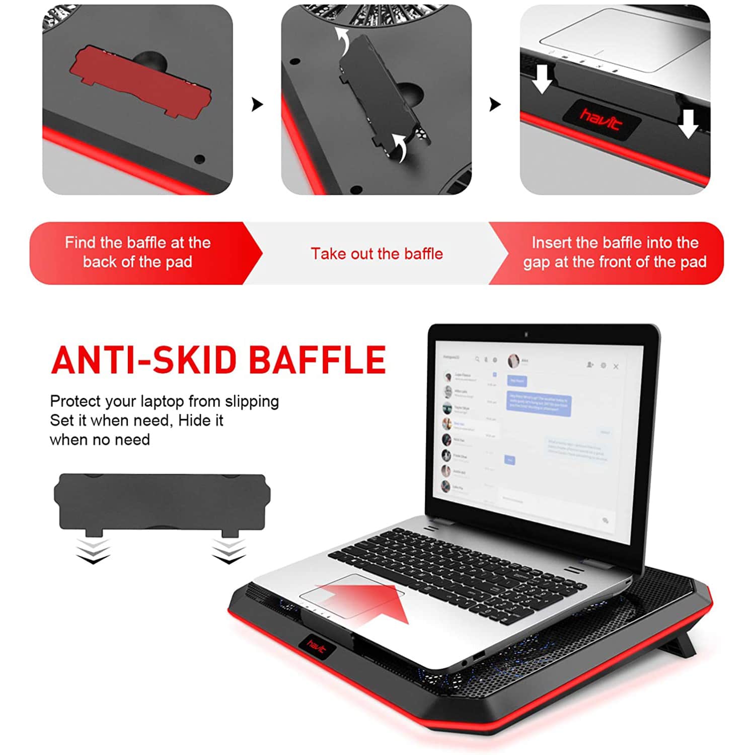 HAVIT HV-F2076 Gaming Laptop Cooling Pad for 12-17 Inch Laptop with 4 Quiet Fans & RGB Backlight - Image 5