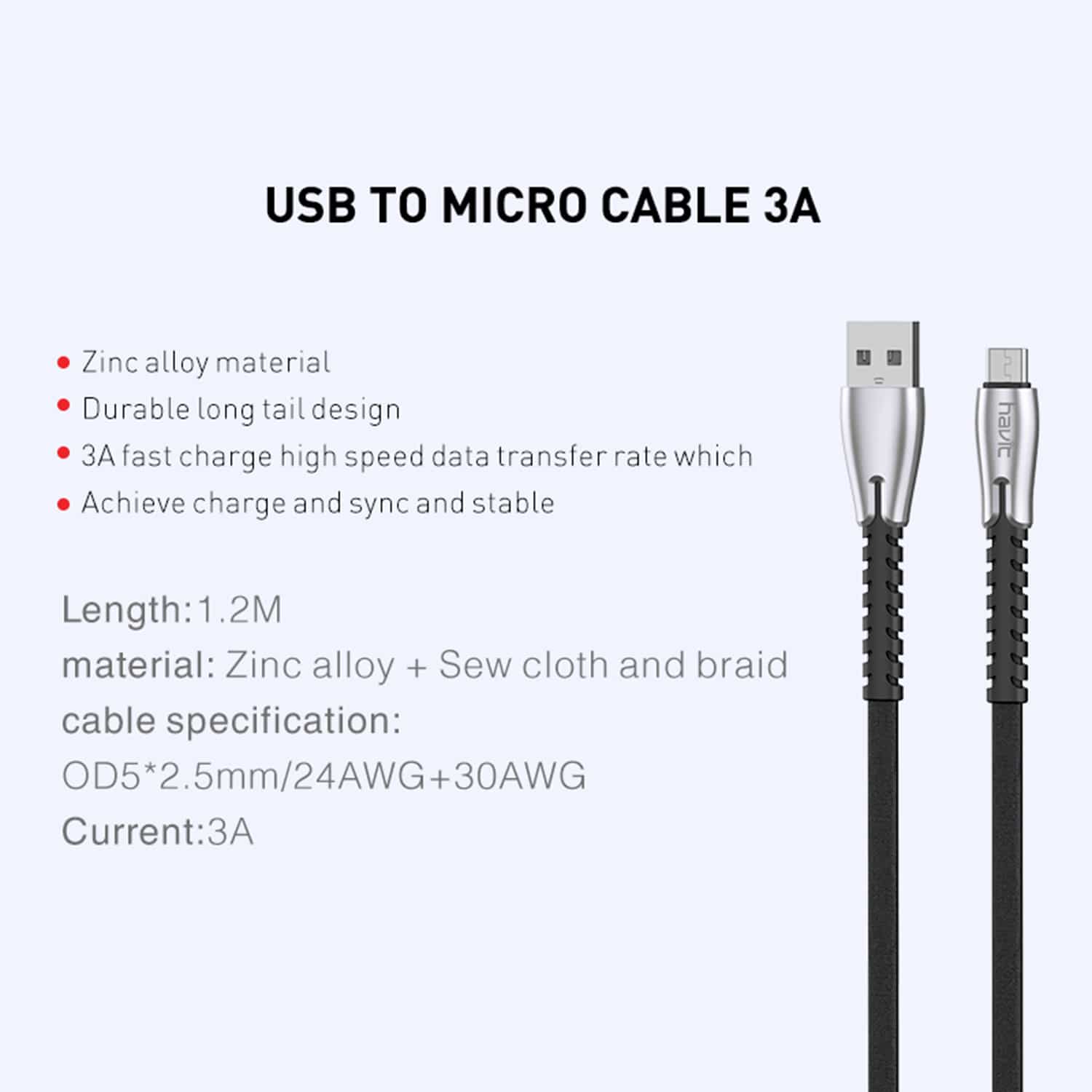 HAVIT HV-H6112 USB 2.0 A-Male to Micro B Charger Cable, Fast Charging, Silver - Image 4