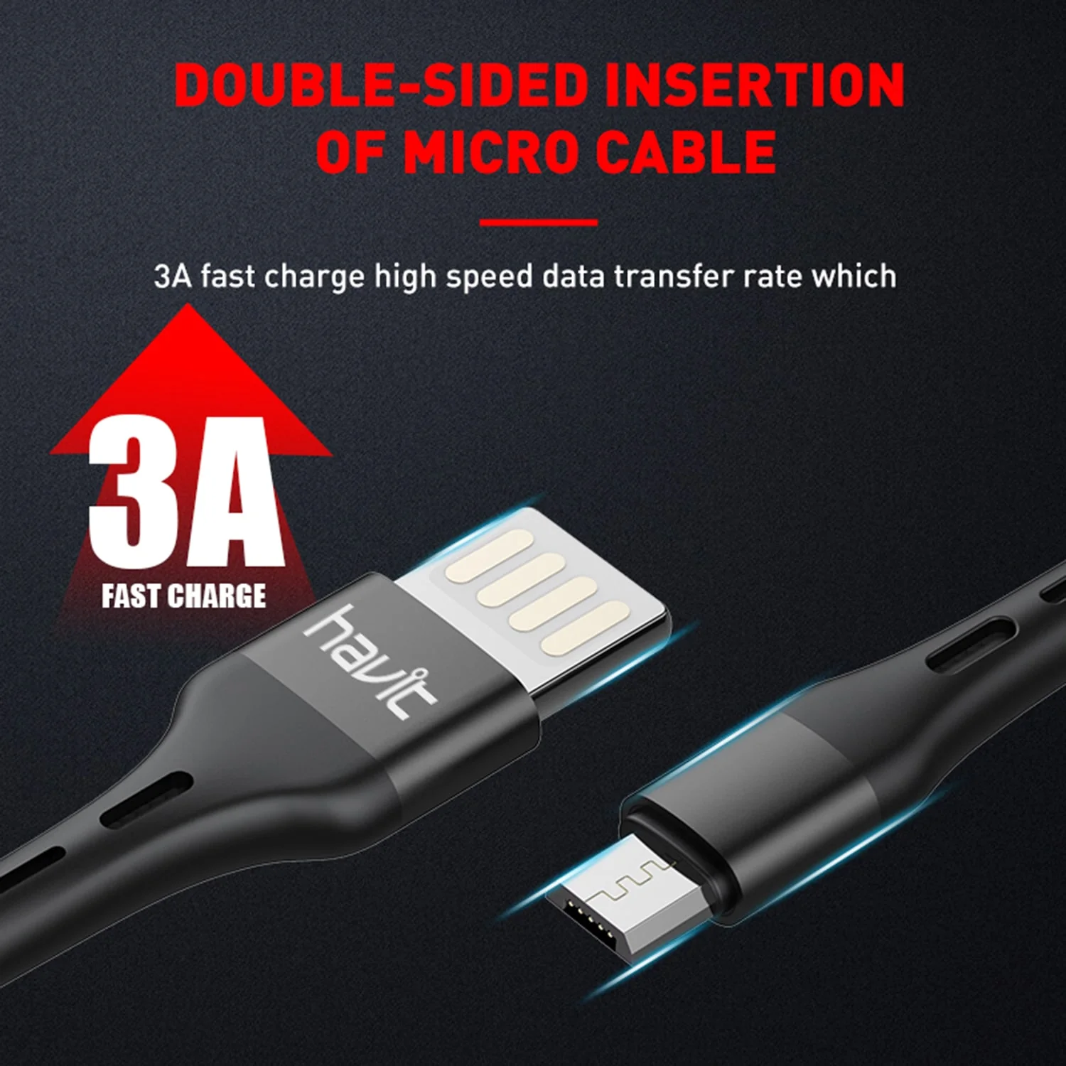 HAVIT HV-H6114 Double Blind Plug USB to Micro B Cable, Quick Charging, Black - Image 7