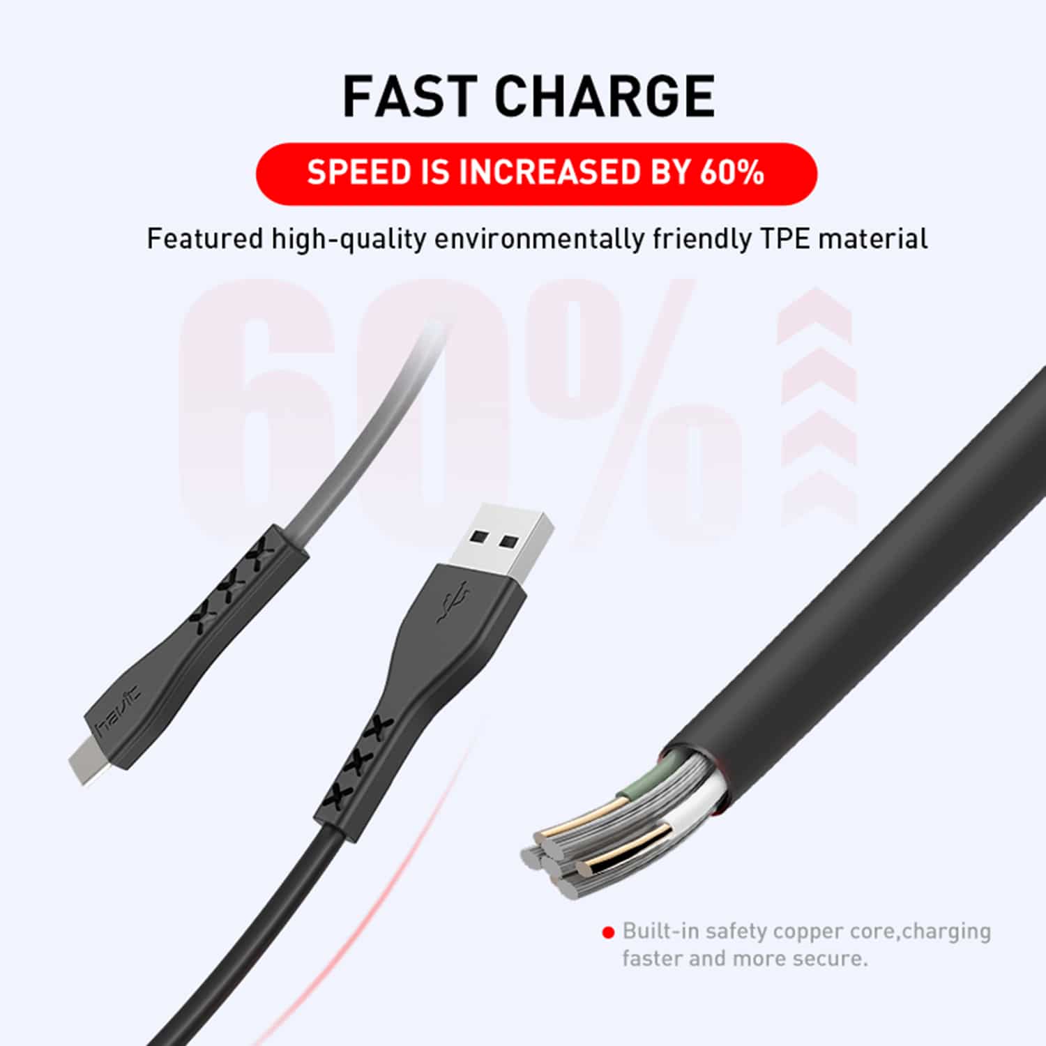 HAVIT HV-H68 USB To Type-C Cable,  2.0A Fast Charger, Black - Image 4