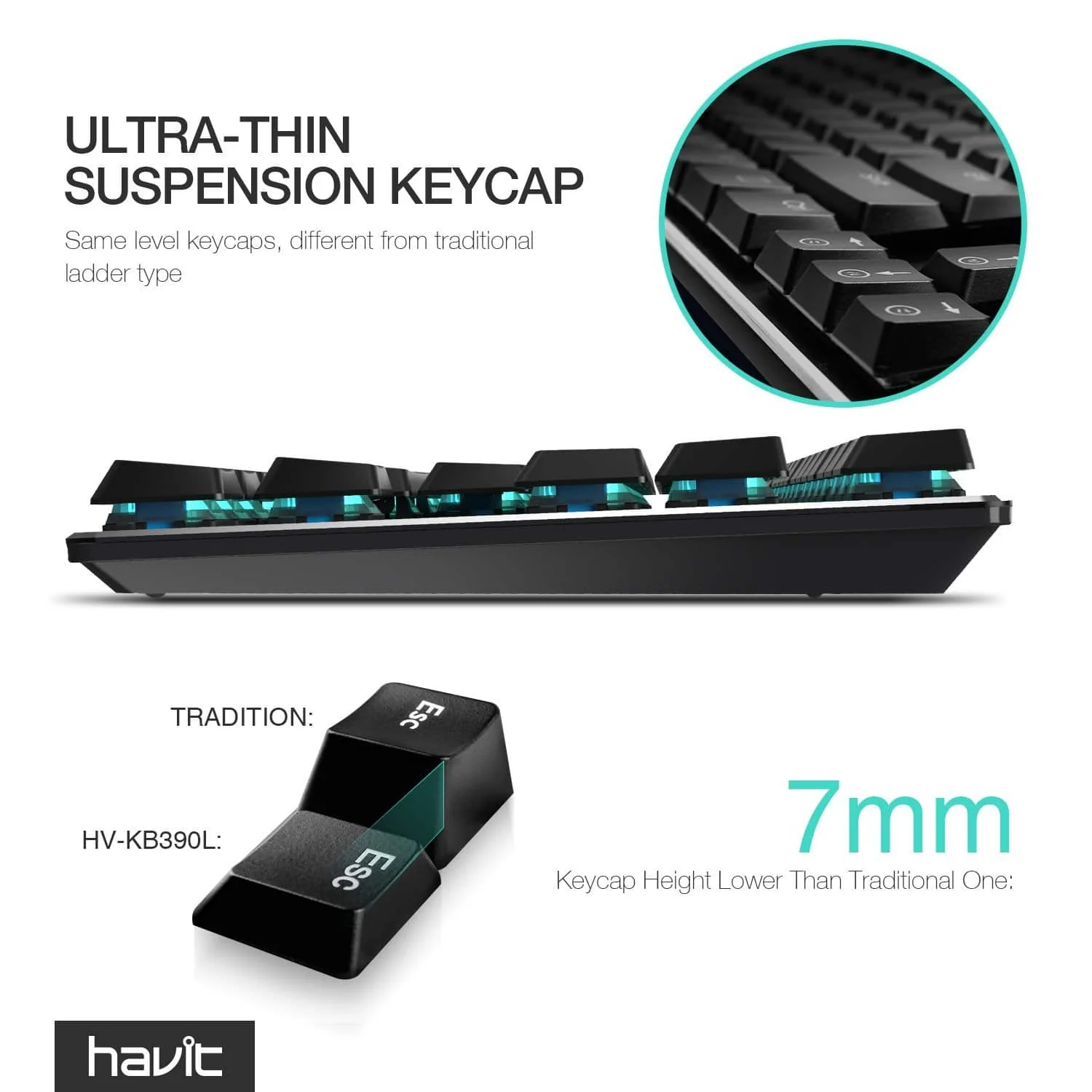 HAVIT HV-KB390L Low Profile Mechanical Keyboard, 87-Key, Programmable, LED, Kailh PG1350 - Image 4