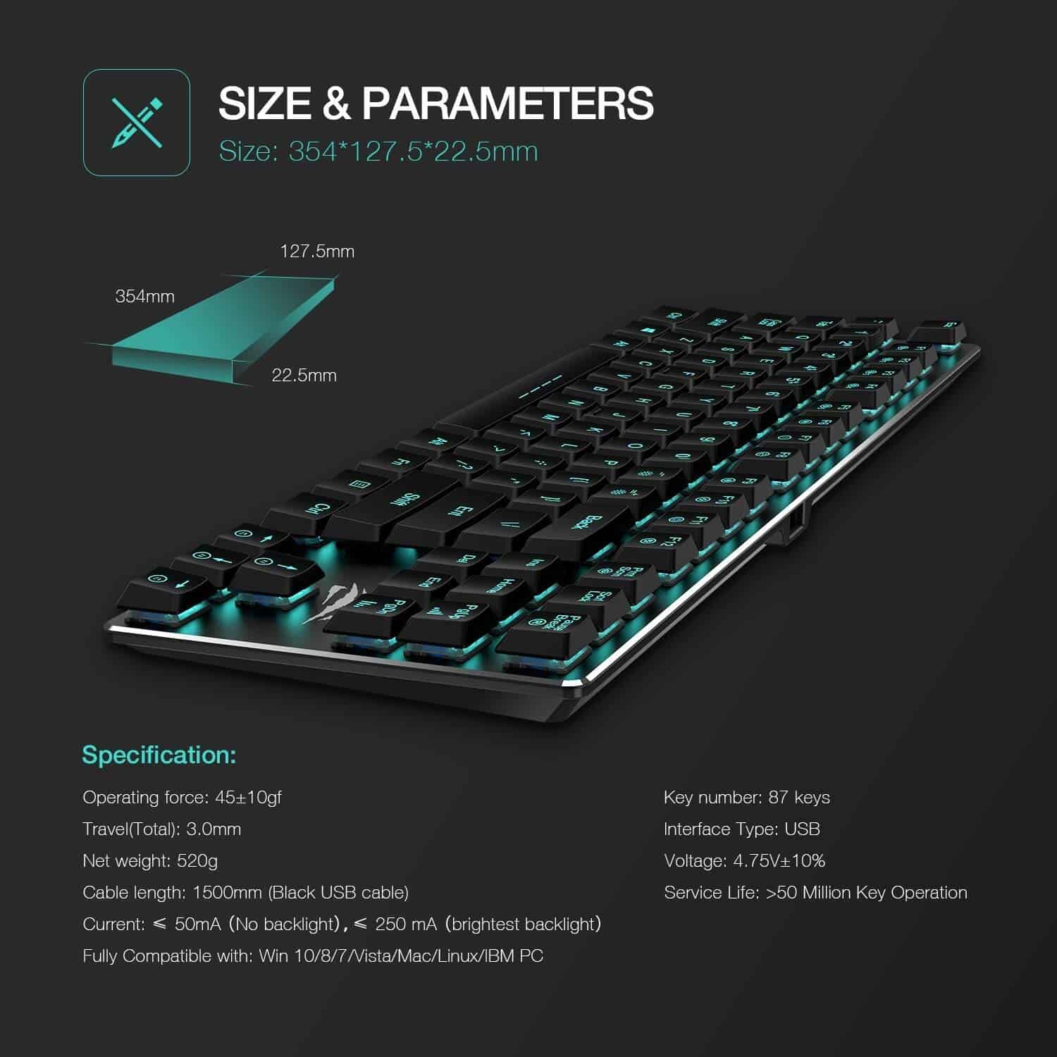 HAVIT HV-KB390L Low Profile Mechanical Keyboard, 87-Key, Programmable, LED, Kailh PG1350 - Image 8