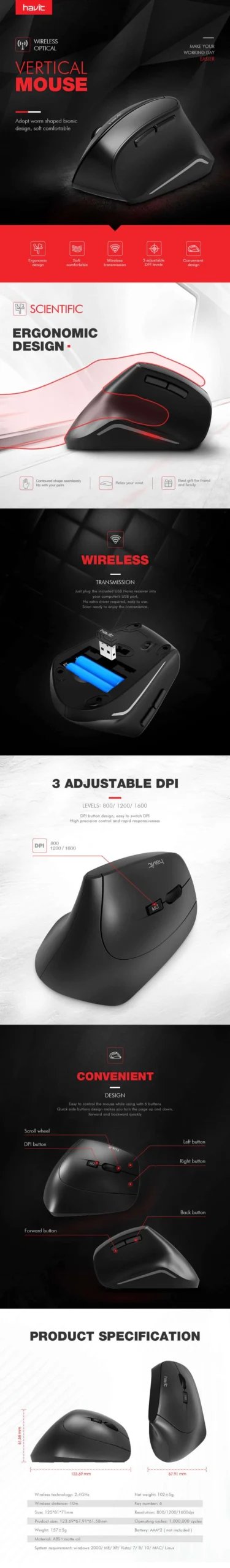 HAVIT HV-MS55GT Wireless Vertical Mouse with Ergonomic Design, Optical - Image 14