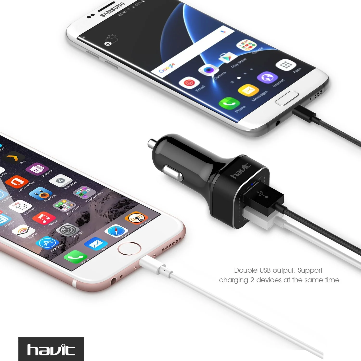 HAVIT HV-ST001 QC 3.0 Car Charger & 3A Braided Micro USB Cable, 36W, Dual USB Ports - Image 2