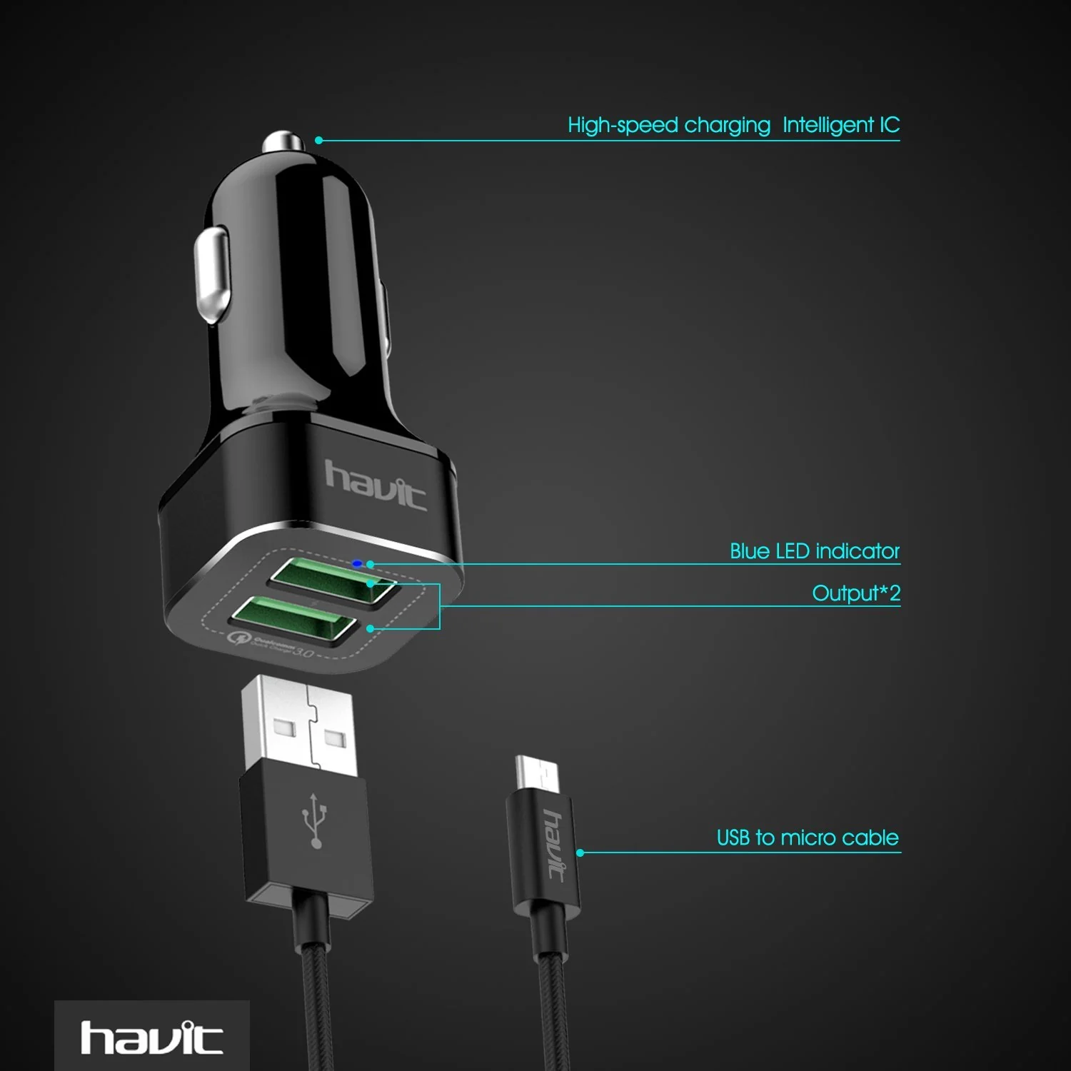 HAVIT HV-ST001 QC 3.0 Car Charger & 3A Braided Micro USB Cable, 36W, Dual USB Ports - Image 6