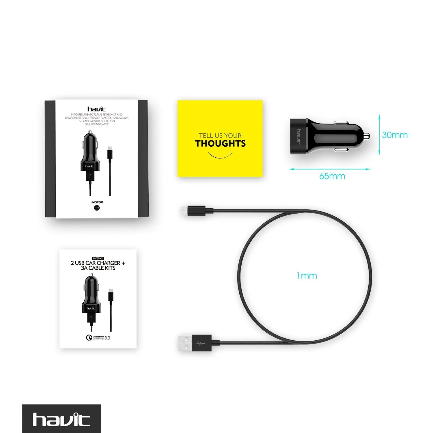 HAVIT HV-ST001 QC 3.0 Car Charger & 3A Braided Micro USB Cable, 36W, Dual USB Ports - Image 7