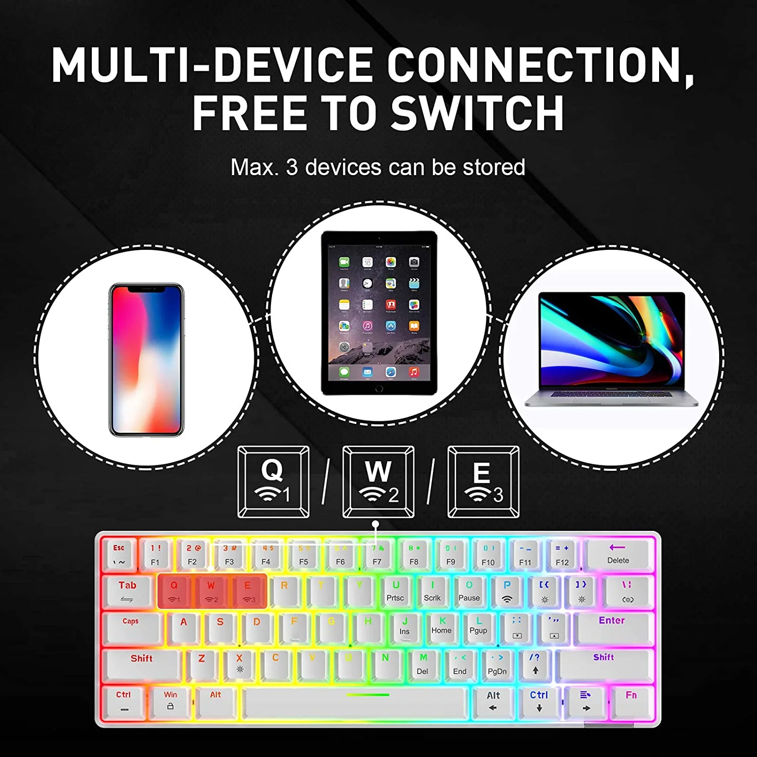 HAVIT KB255GCM Wireless 60% Mechanical Keyboard with 61 keys, Rainbow Backlit, Bluetooth 5.0 / Wired Modes - Image 13