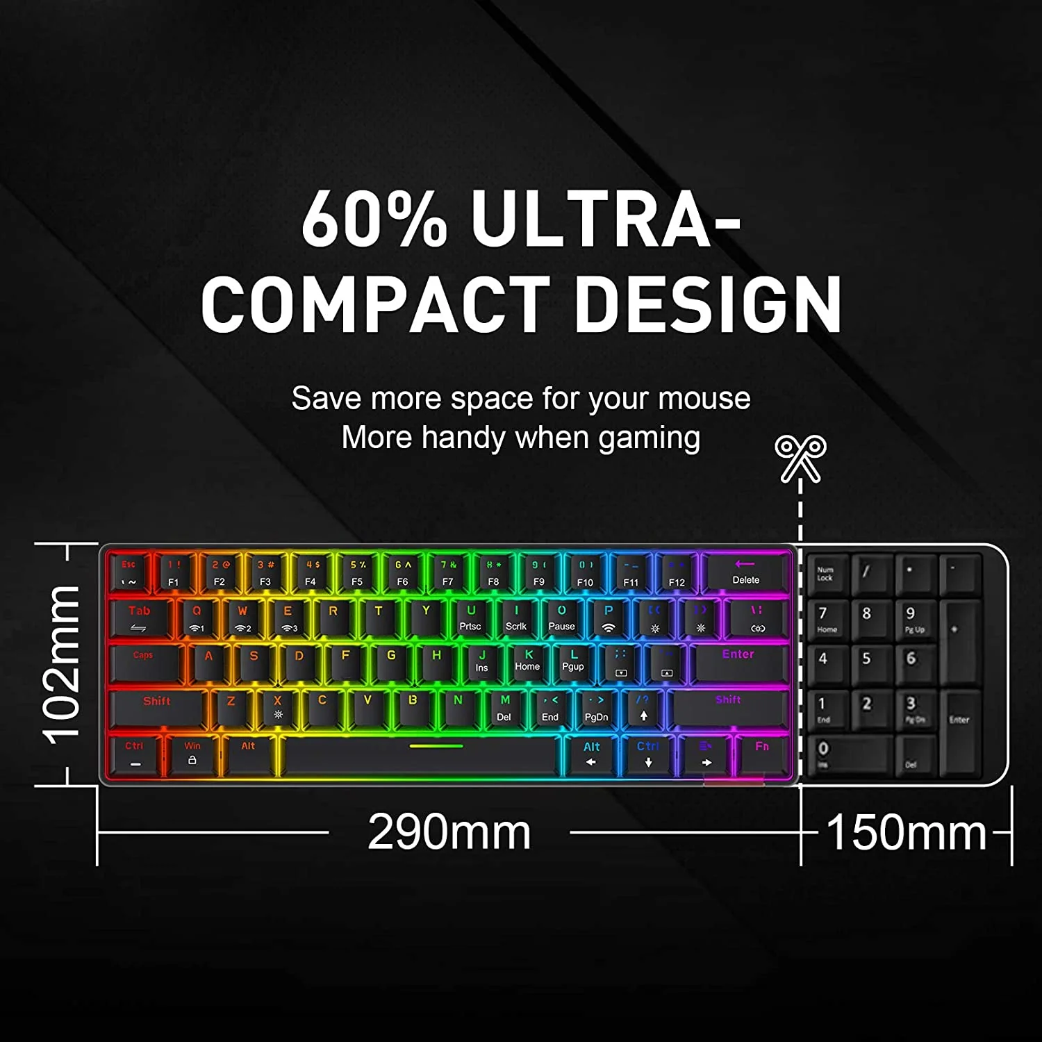 HAVIT KB255GCM Wireless 60% Mechanical Keyboard with 61 keys, Rainbow Backlit, Bluetooth 5.0 / Wired Modes - Image 2