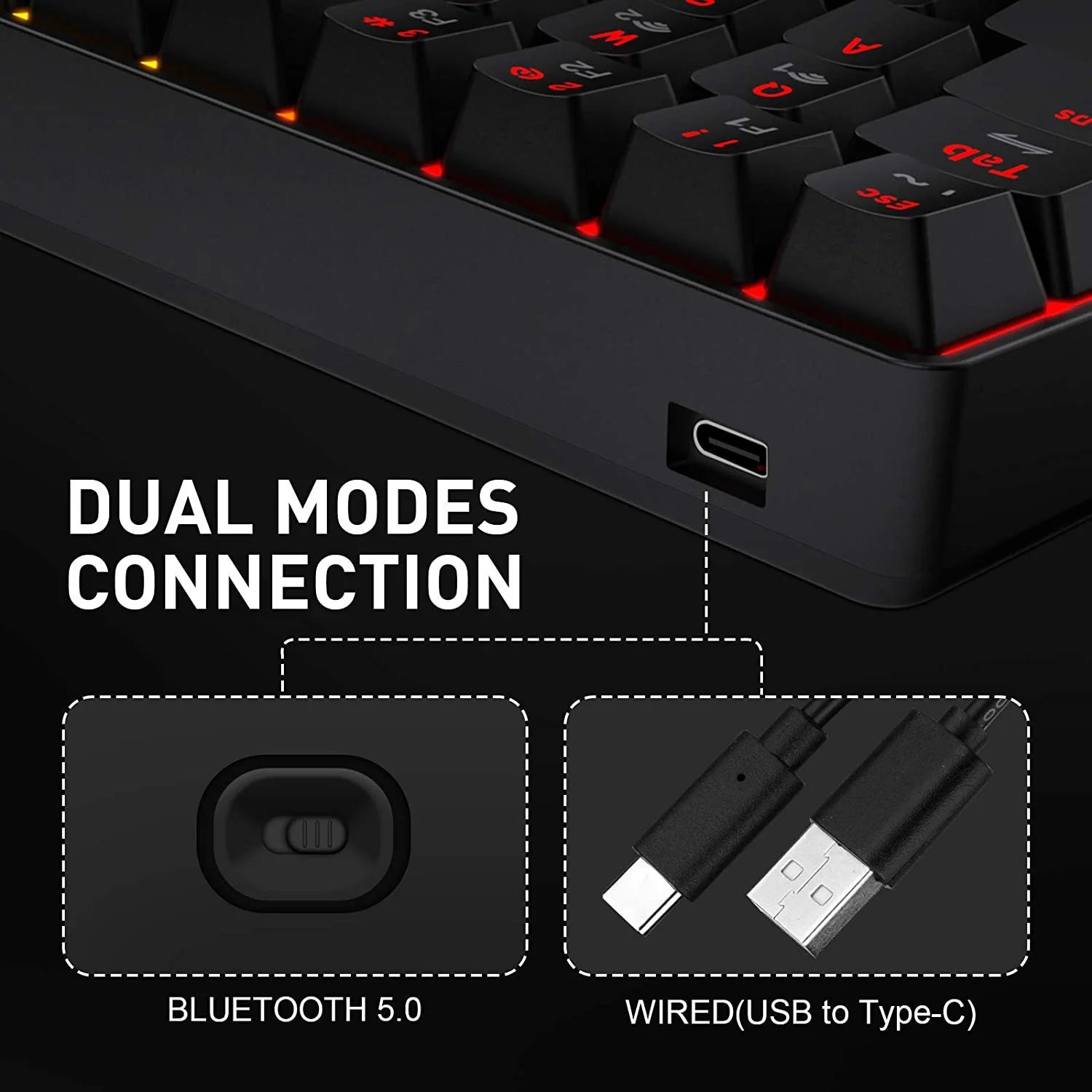 HAVIT KB255GCM Wireless 60% Mechanical Keyboard with 61 keys, Rainbow Backlit, Bluetooth 5.0 / Wired Modes - Image 4