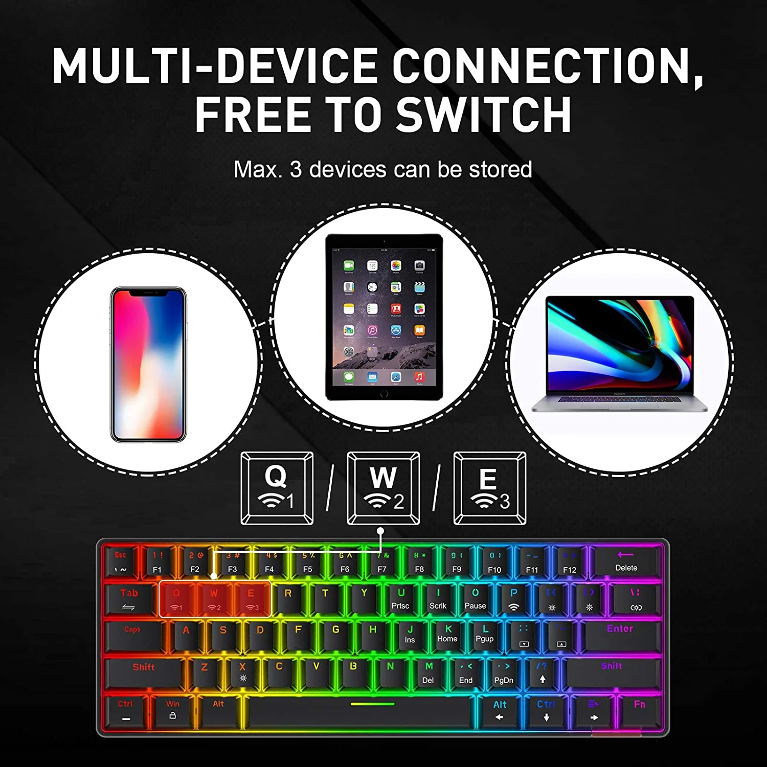 HAVIT KB255GCM Wireless 60% Mechanical Keyboard with 61 keys, Rainbow Backlit, Bluetooth 5.0 / Wired Modes - Image 5