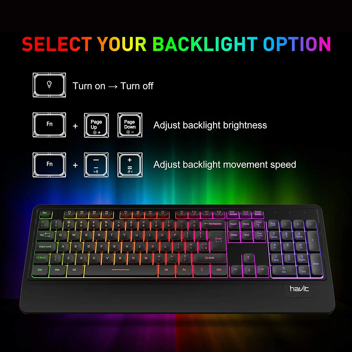 HAVIT KB488L Computer Keyboard 104 Keys with Rainbow Backlit & Wrist Rest - Image 2