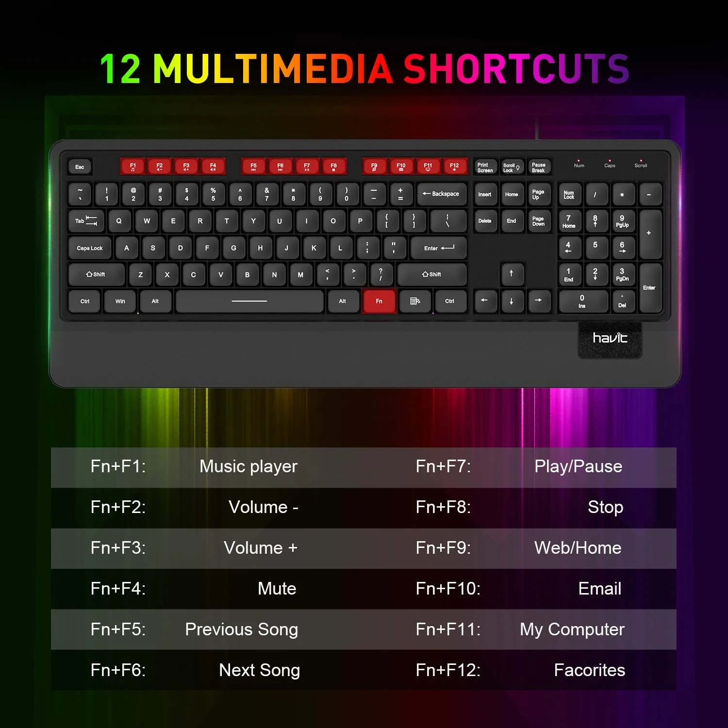 HAVIT KB488L Computer Keyboard 104 Keys with Rainbow Backlit & Wrist Rest - Image 5