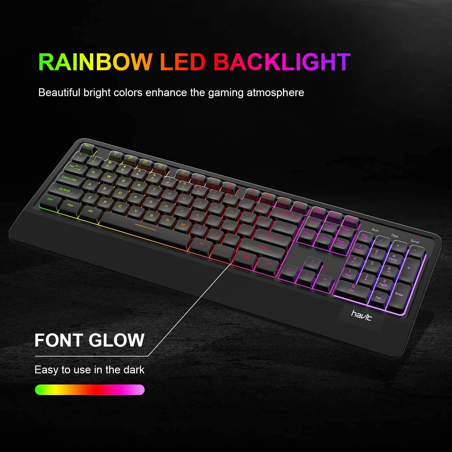 HAVIT KB488L Computer Keyboard 104 Keys with Rainbow Backlit & Wrist Rest - Image 7