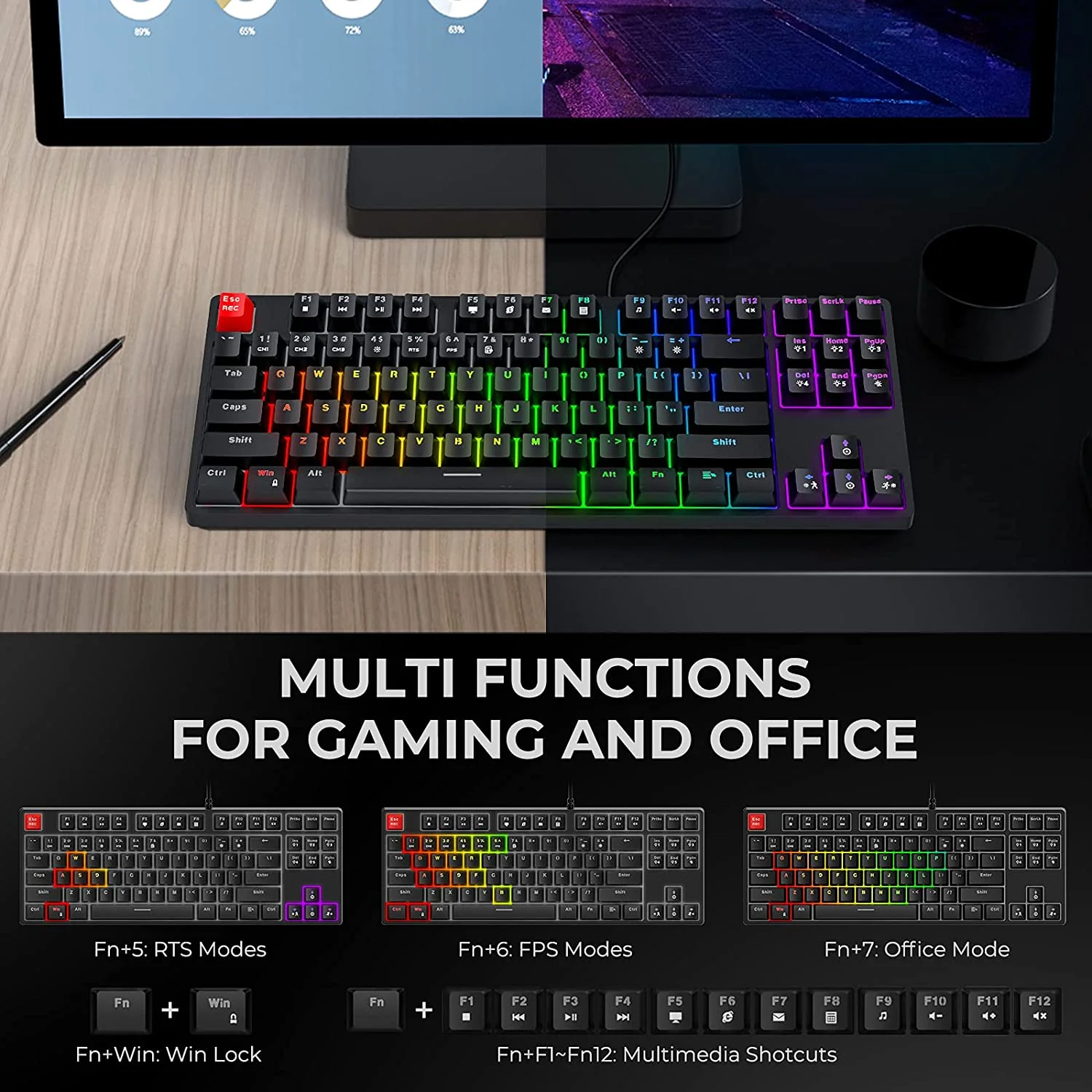 HAVIT KB489L TKL Mechanical Keyboard with 87 Keys LED Rainbow Backlit - Image 6