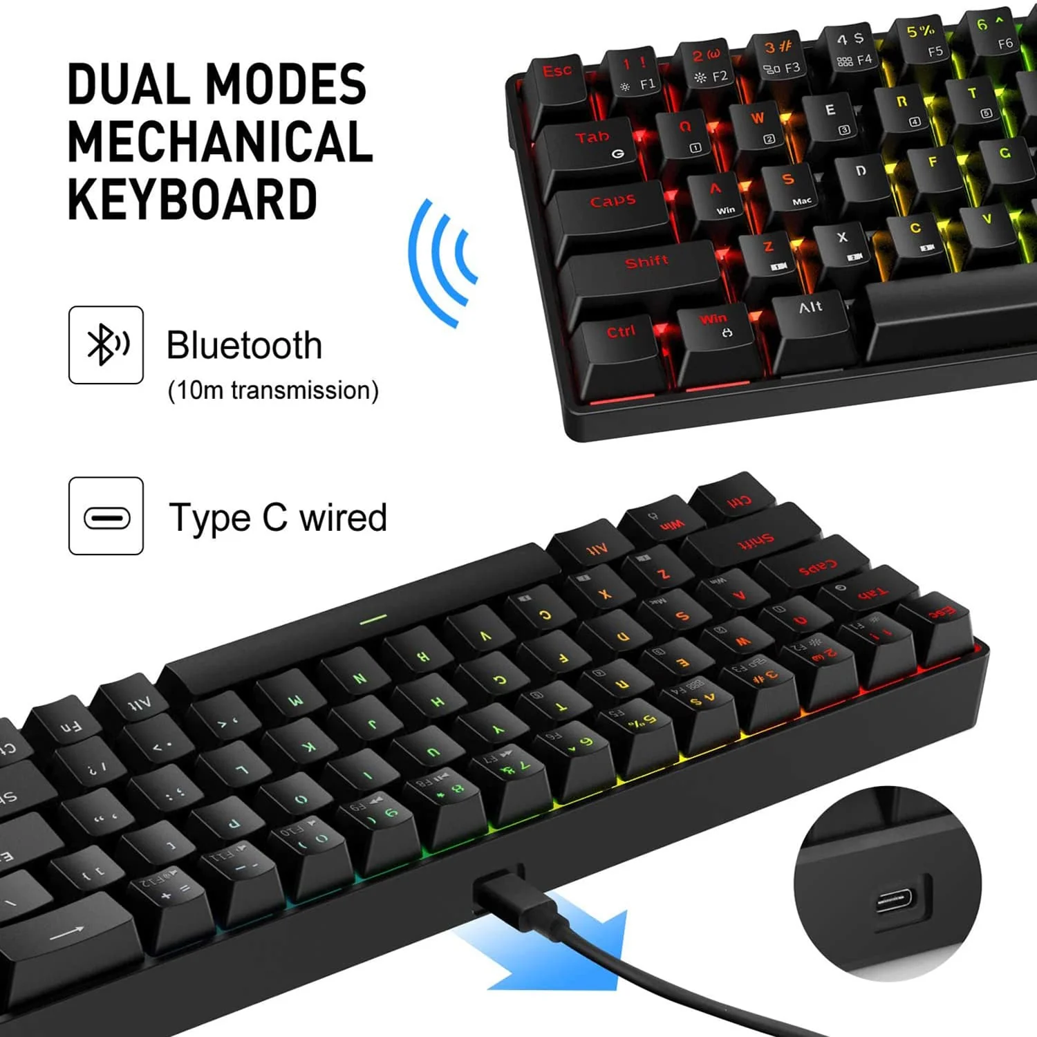 HAVIT KB498L Wireless Mechanical Keyboard & Programmable RGB Mouse Combo - 60% Keyboard with Bluetooth / Wired Modes - Image 4