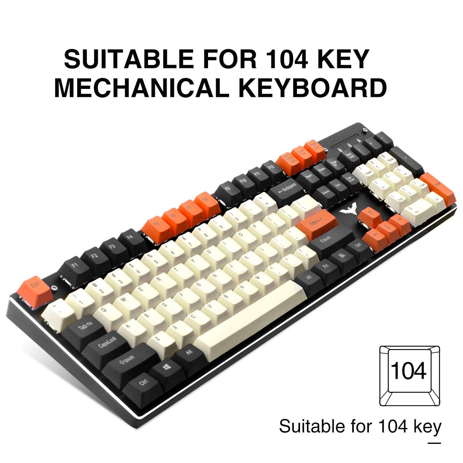 HAVIT KC23 PBT Keycaps 104 Keys with Puller for Cherry MX Mechanical Keyboard (Black & White & Orange) - Image 2
