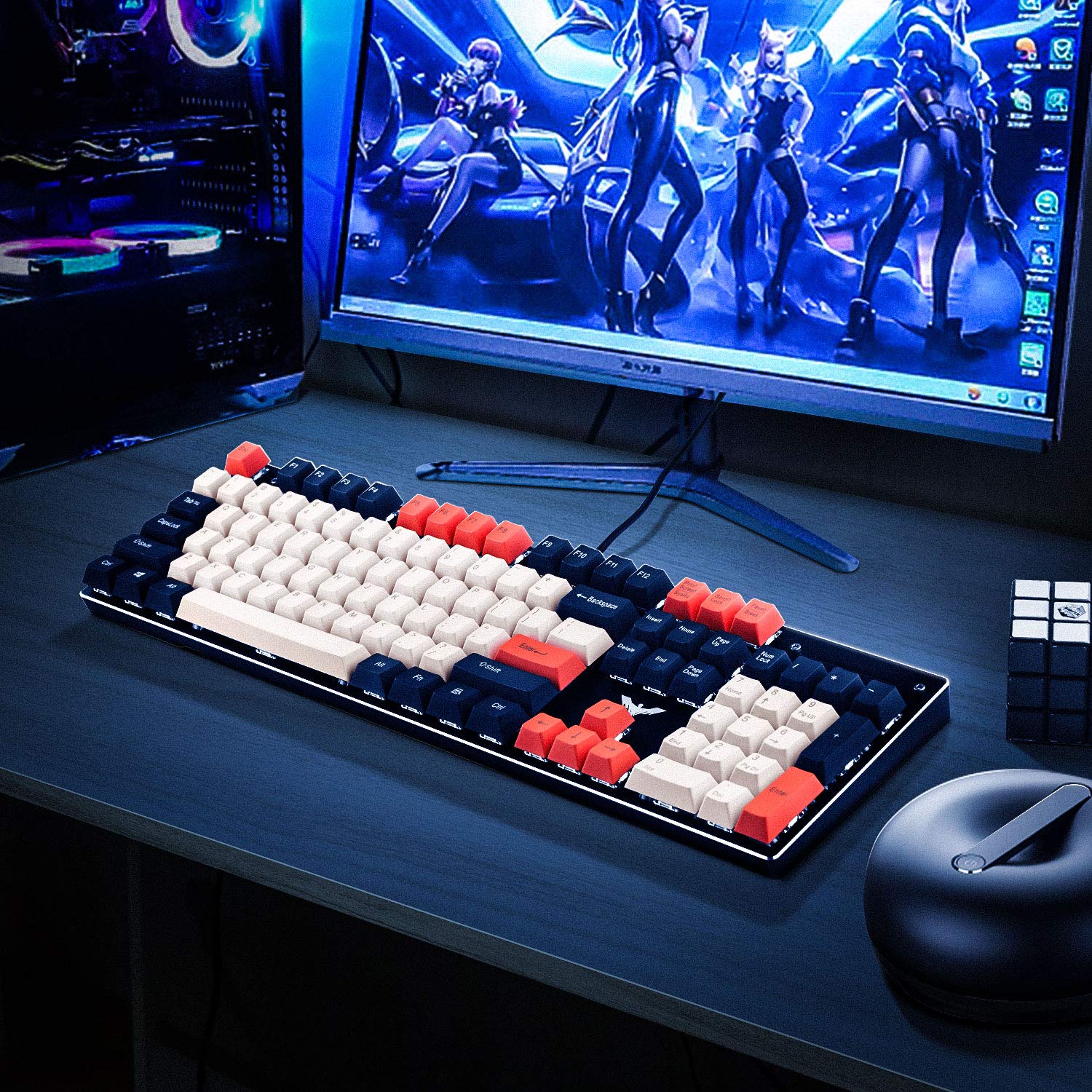 HAVIT KC23 PBT Keycaps 104 Keys with Puller for Cherry MX Mechanical Keyboard (Black & White & Orange) - Image 3