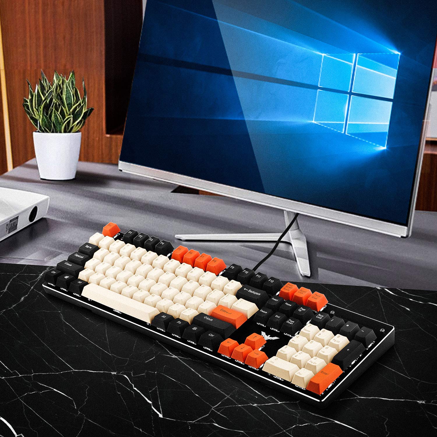 HAVIT KC23 PBT Keycaps 104 Keys with Puller for Cherry MX Mechanical Keyboard (Black & White & Orange) - Image 4