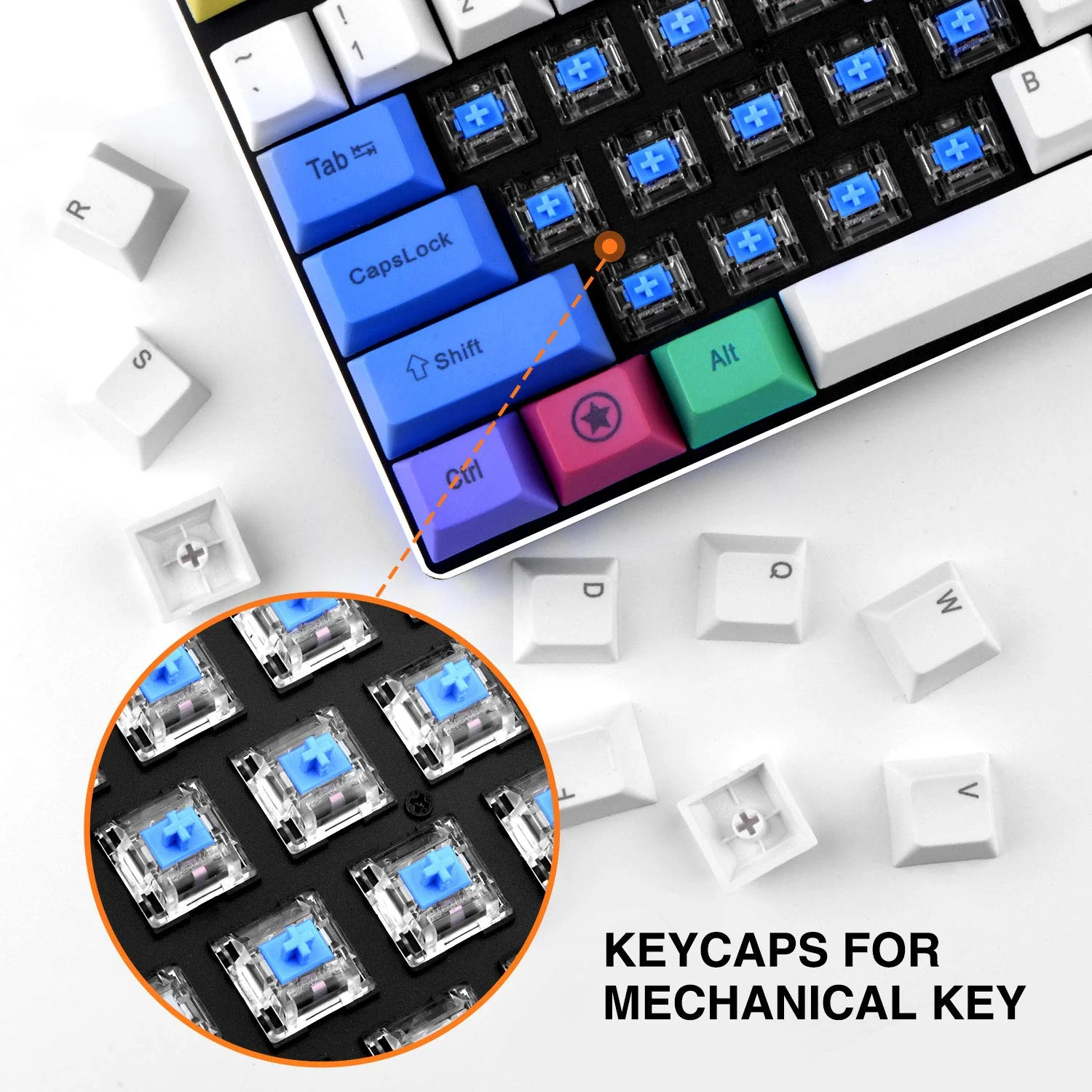 HAVIT KC25 PBT Keycaps 104 Keys with Puller for Cherry MX Mechanical Keyboard (White & Blue &Yellow) - Image 2