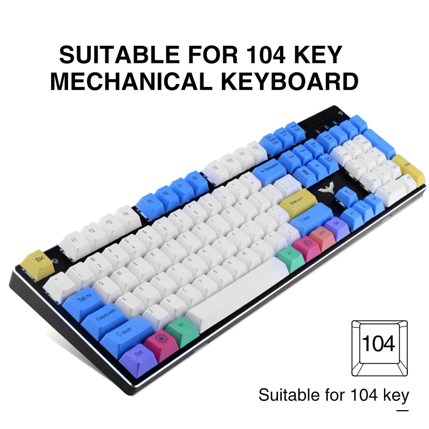 HAVIT KC25 PBT Keycaps 104 Keys with Puller for Cherry MX Mechanical Keyboard (White & Blue &Yellow) - Image 3