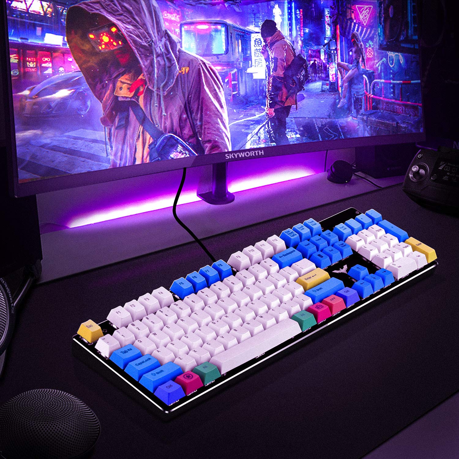 HAVIT KC25 PBT Keycaps 104 Keys with Puller for Cherry MX Mechanical Keyboard (White & Blue &Yellow) - Image 5