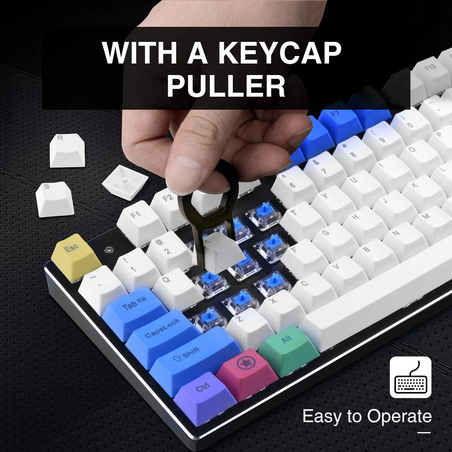 HAVIT KC25 PBT Keycaps 104 Keys with Puller for Cherry MX Mechanical Keyboard (White & Blue &Yellow) - Image 9