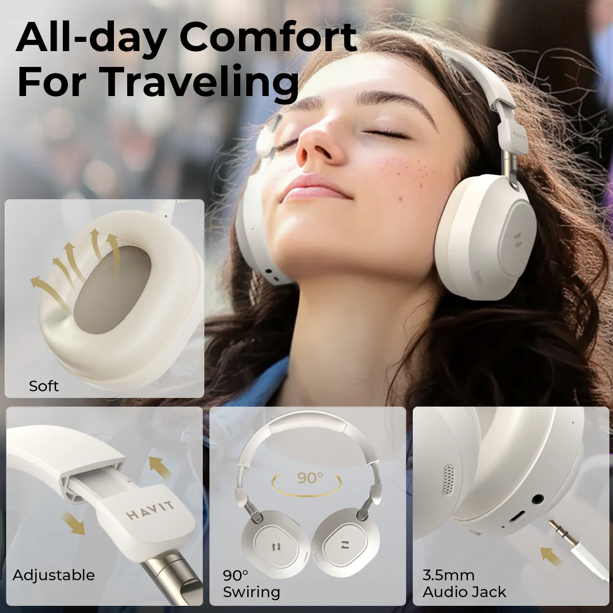 LIFE NC01H Hi-Res Foldable Active Noise Cancelling Wireless Headphones-Beige - Image 3