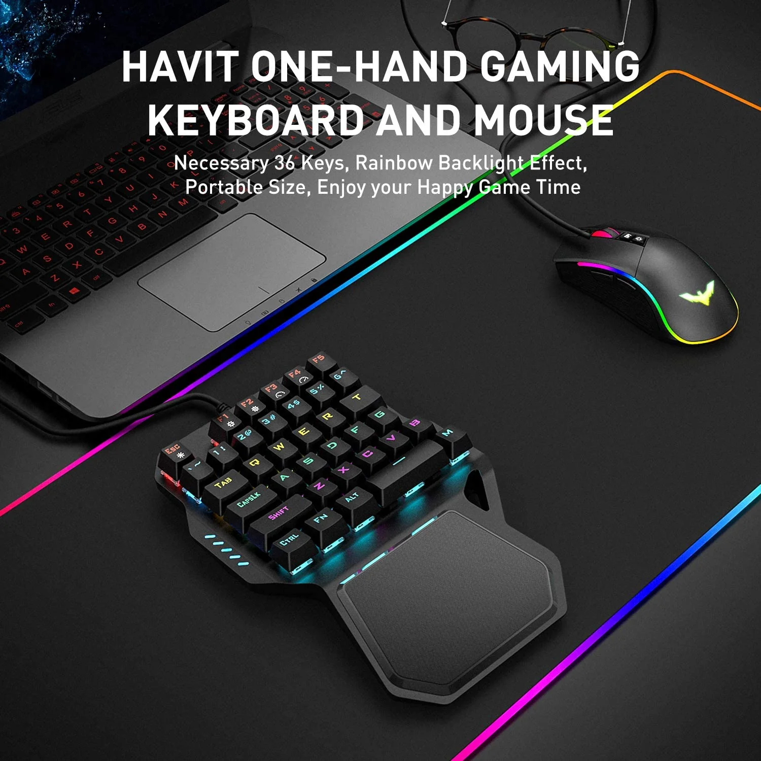 HAVIT RK-B20 One Hand RGB Gaming Keyboard & Programmable Mouse Combo - 36 Keys USB Keypad with Wrist Rest - Image 8