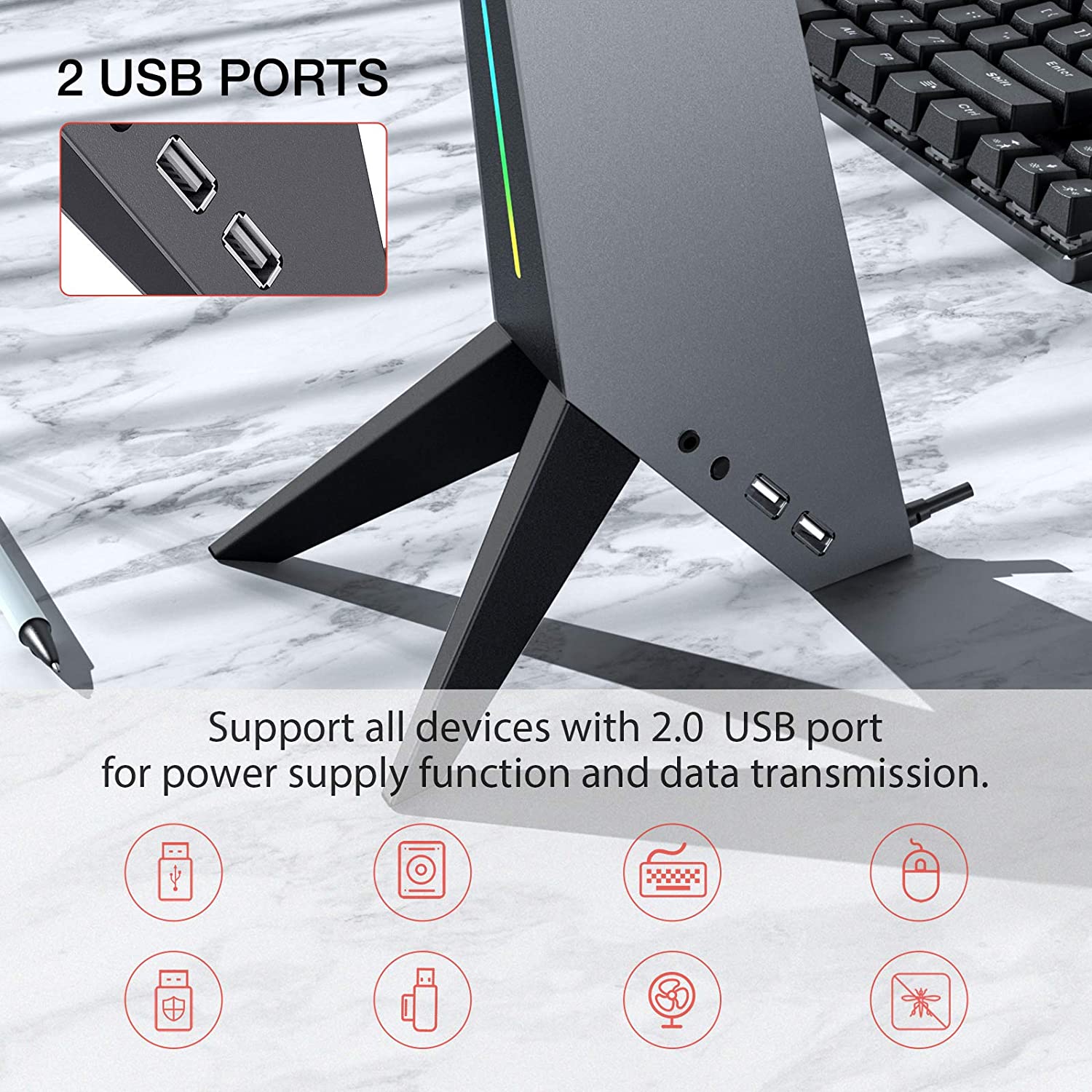 HAVIT TH644U RGB Gaming Headset Stand with 3.5mm AUX & Dual USB Ports - Image 2
