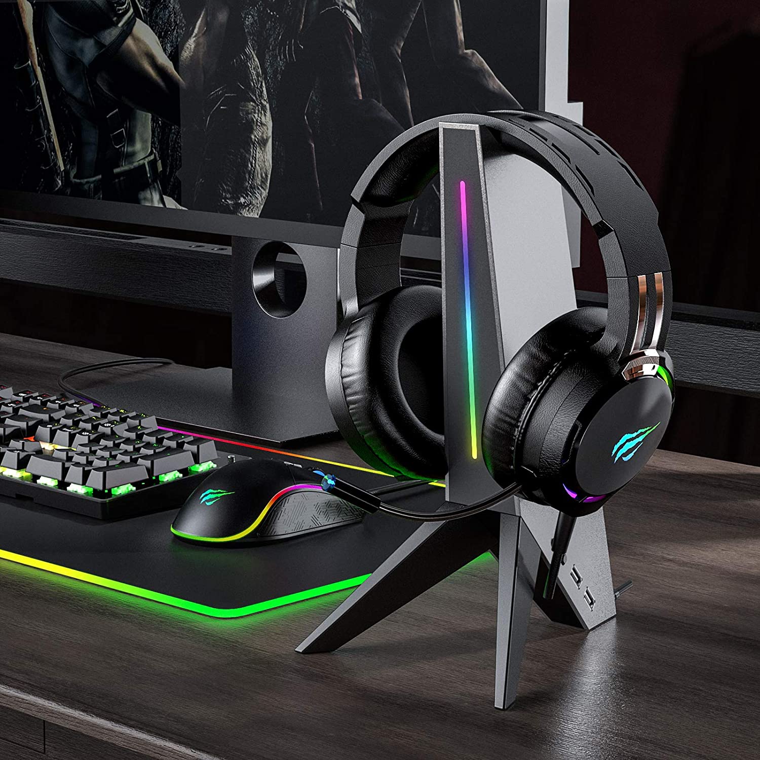 HAVIT TH644U RGB Gaming Headset Stand with 3.5mm AUX & Dual USB Ports - Image 8