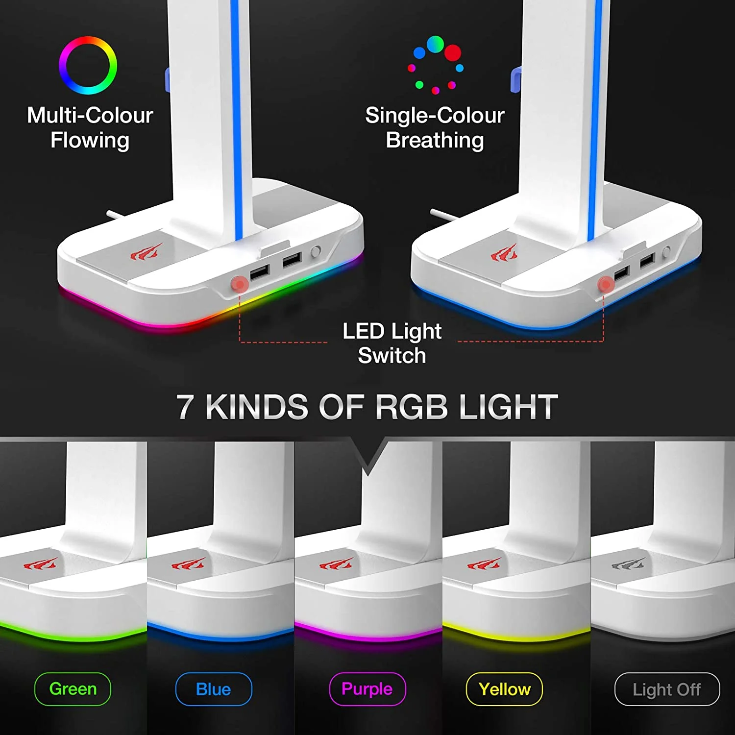 HAVIT TH650 RGB Headset Stand with Dual Hanger & 2 USB Ports - Image 11