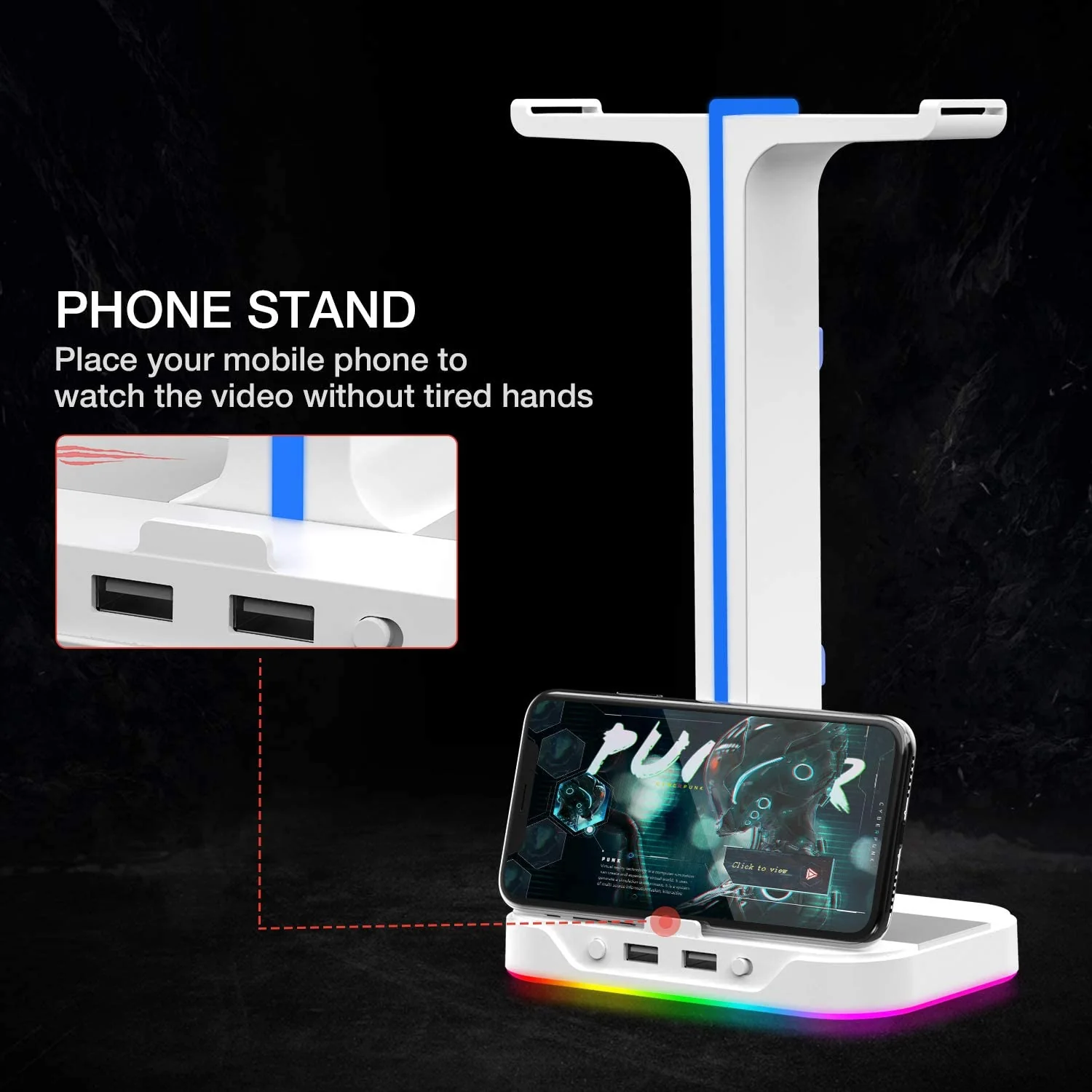 HAVIT TH650 RGB Headset Stand with Dual Hanger & 2 USB Ports - Image 14