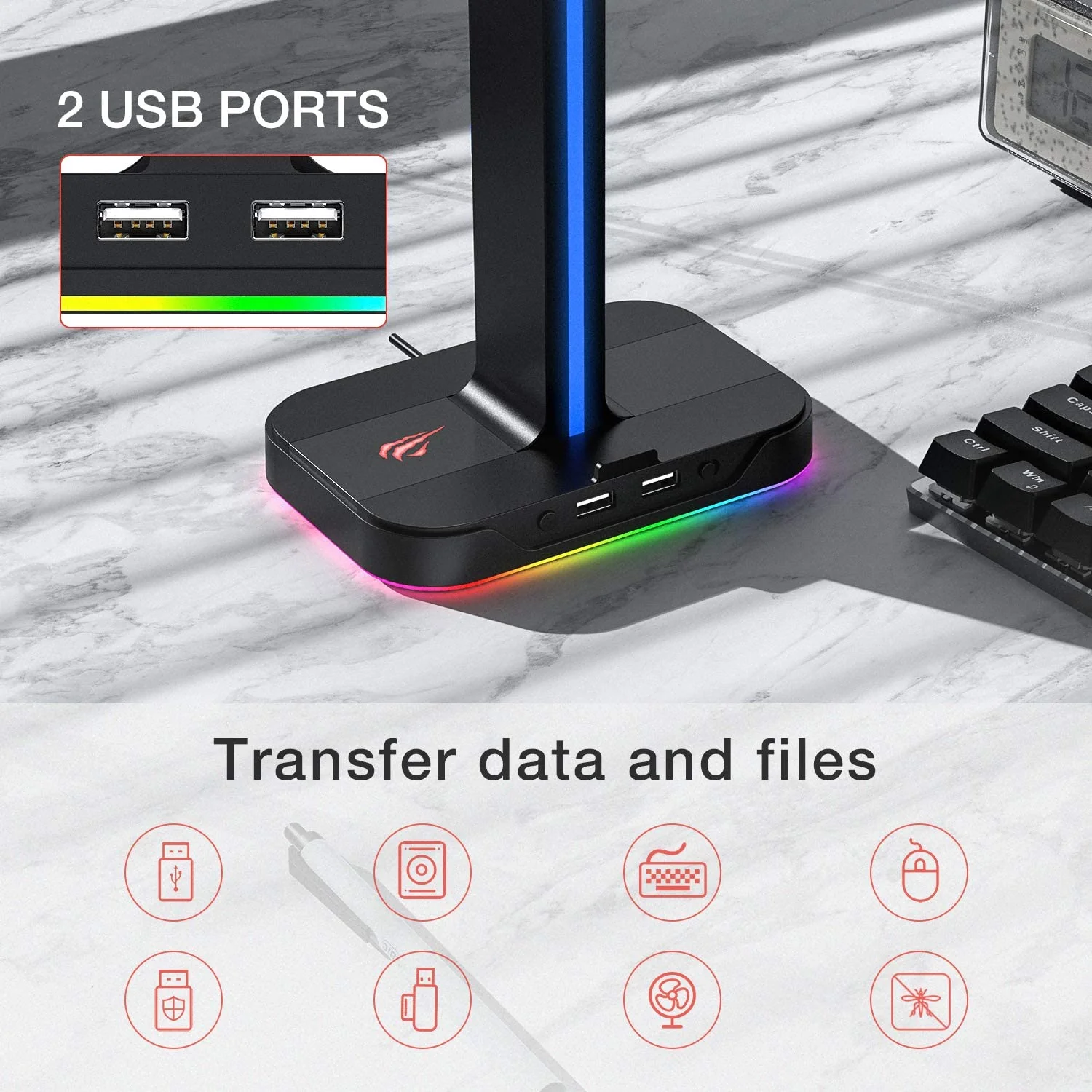 HAVIT TH650 RGB Headset Stand with Dual Hanger & 2 USB Ports - Image 2
