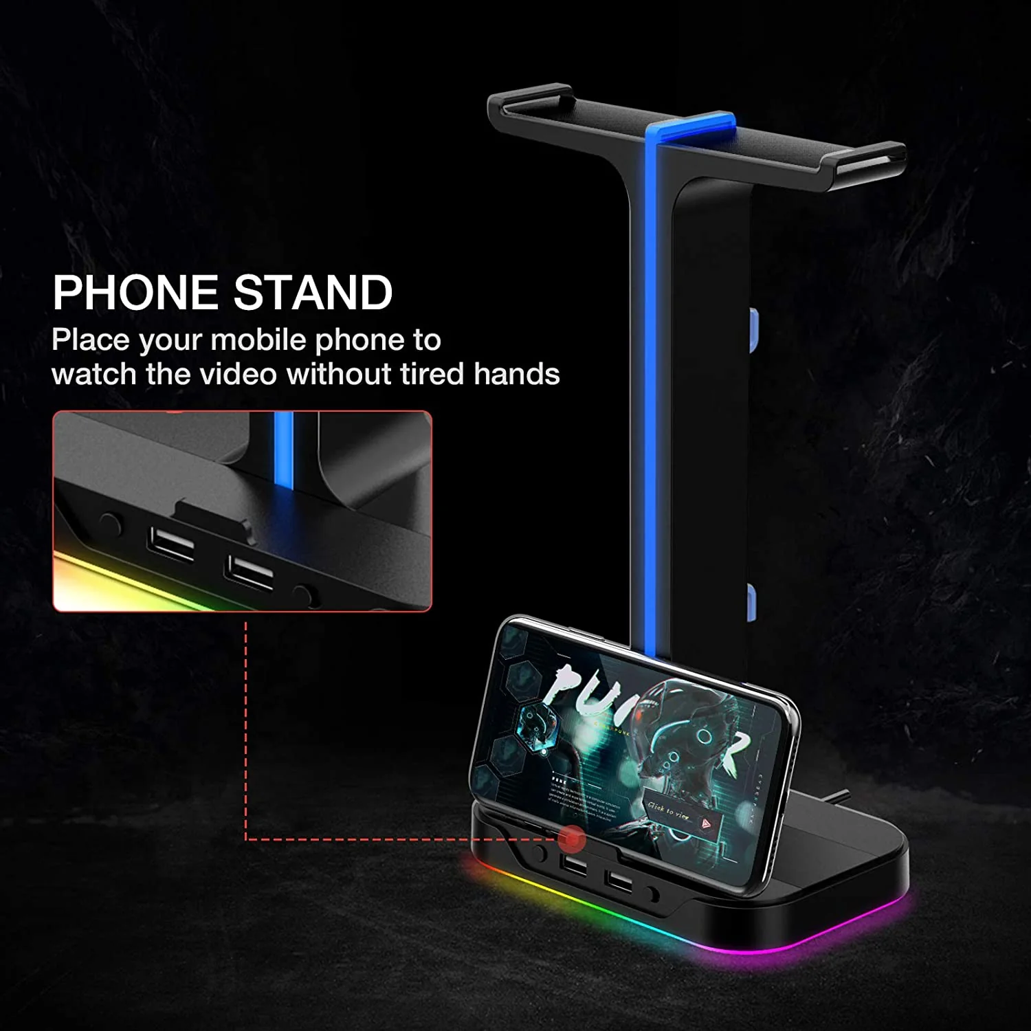HAVIT TH650 RGB Headset Stand with Dual Hanger & 2 USB Ports - Image 5