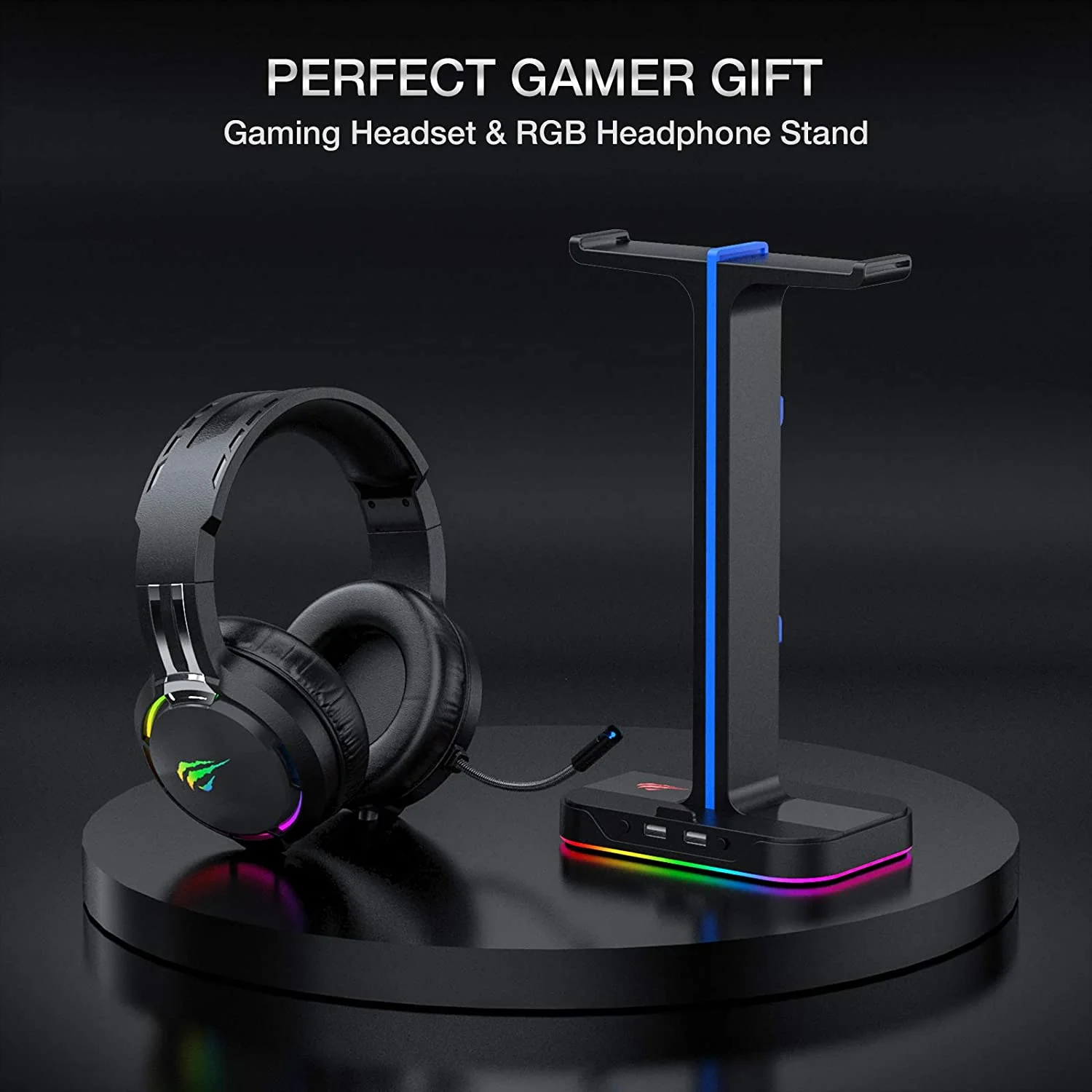HAVIT TH650A RGB Gaming Headset & Dual Hanger Headphone Stand Set with Phone Holder & 2 USB Ports - Image 2