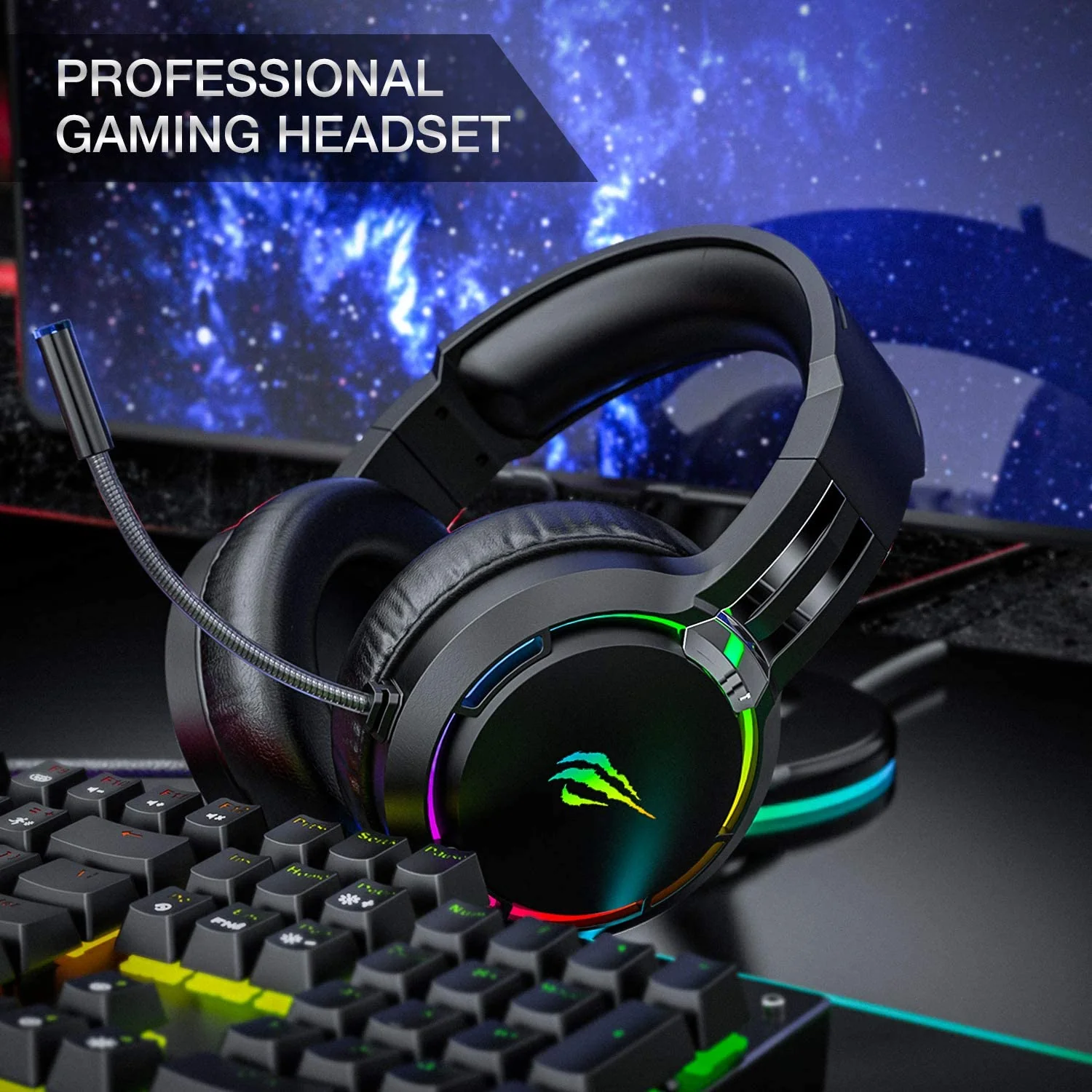 HAVIT TH650A RGB Gaming Headset & Dual Hanger Headphone Stand Set with Phone Holder & 2 USB Ports - Image 3
