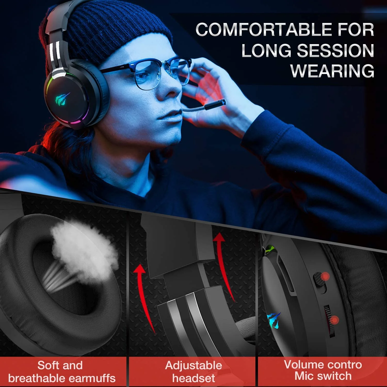 HAVIT TH650A RGB Gaming Headset & Dual Hanger Headphone Stand Set with Phone Holder & 2 USB Ports - Image 5