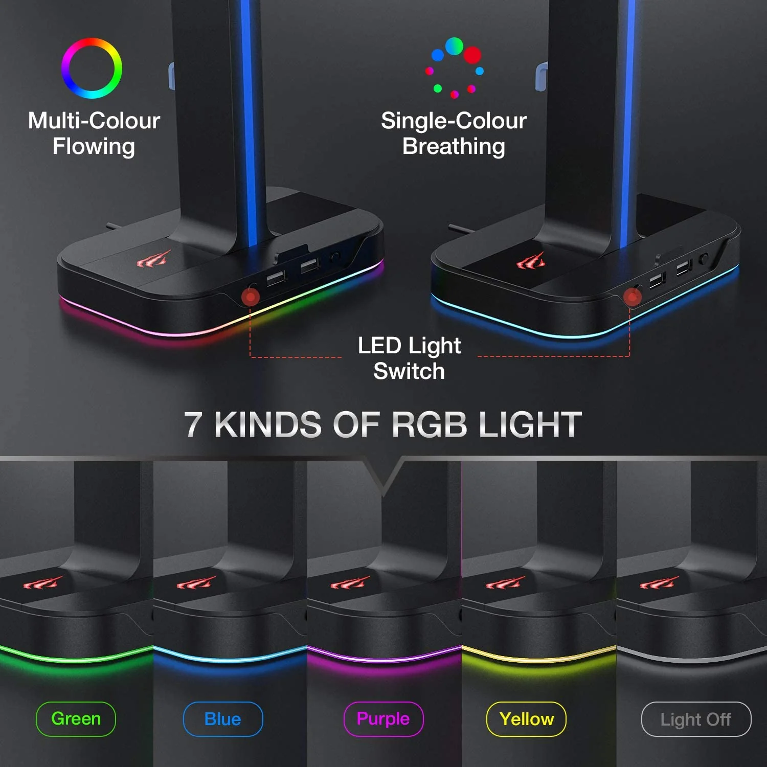 HAVIT TH650A RGB Gaming Headset & Dual Hanger Headphone Stand Set with Phone Holder & 2 USB Ports - Image 6