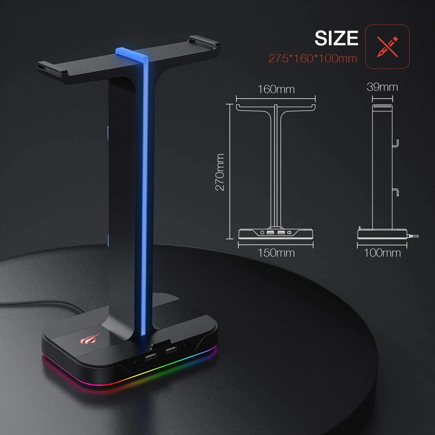 HAVIT TH650A RGB Gaming Headset & Dual Hanger Headphone Stand Set with Phone Holder & 2 USB Ports - Image 7
